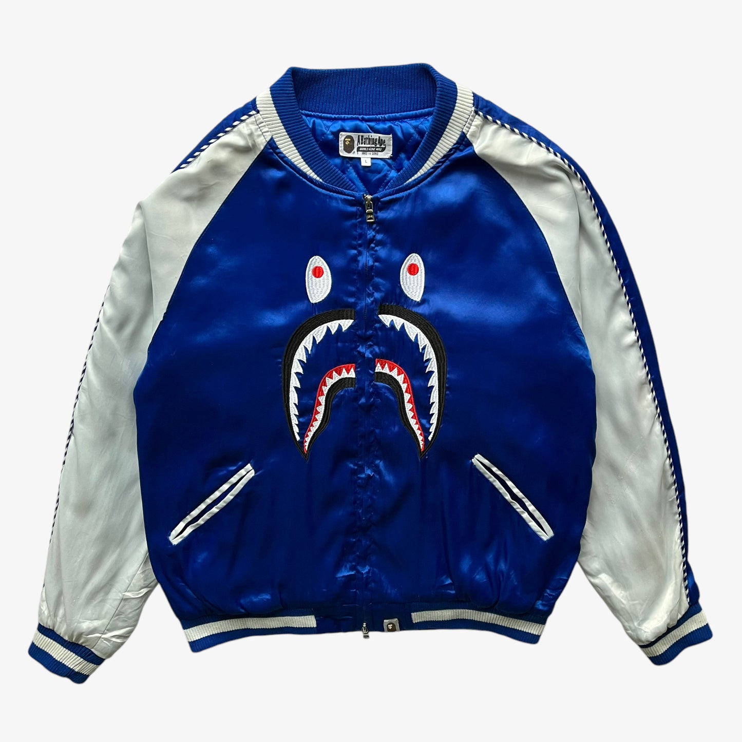 Mens 2016 BAPE WGM Blue Sukajan Souvenir Shark Jacket - Casspios Dream