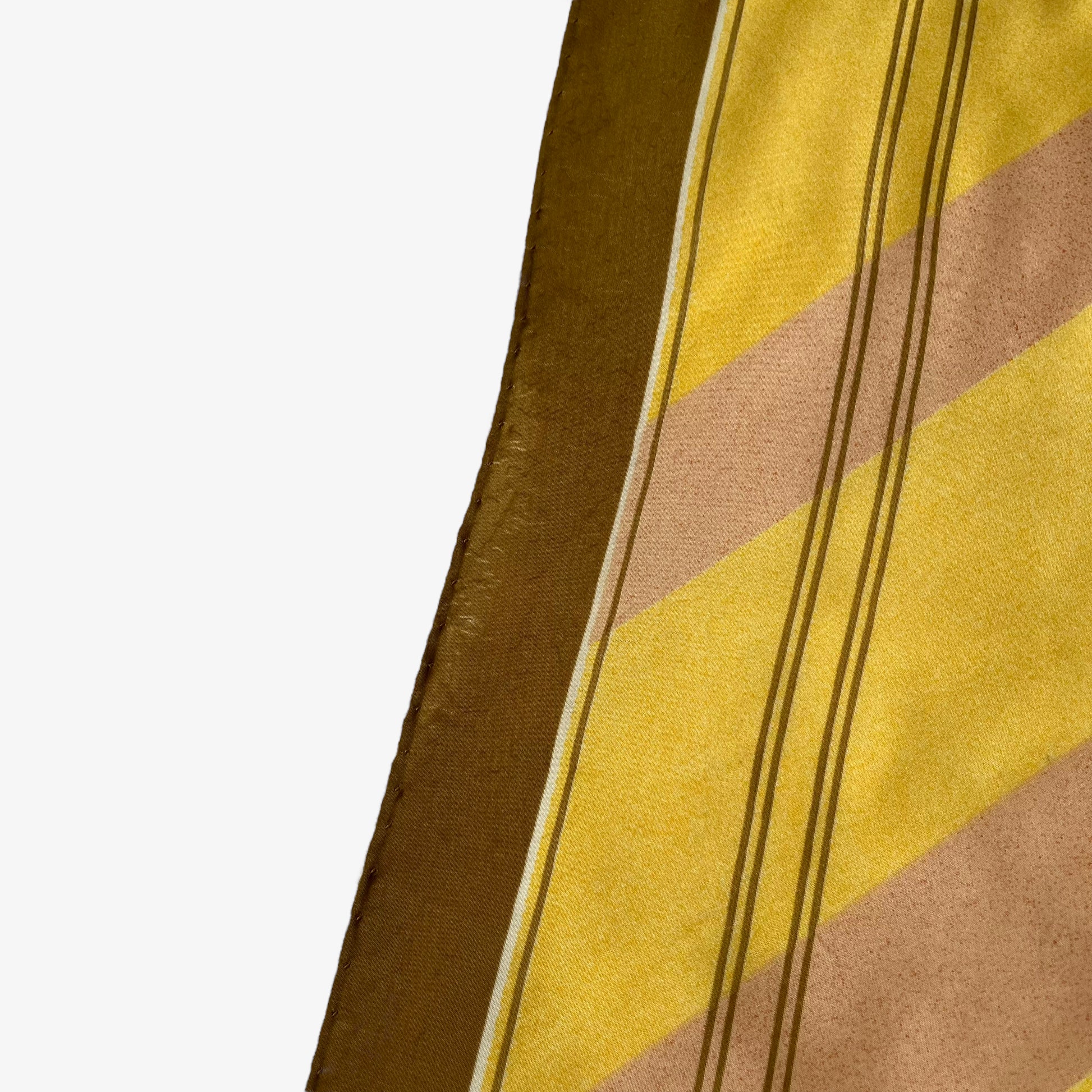 Vintage 60s Trevira Yellow And Pink Striped Polyester Scarf With Brown Trim Mark - Casspios Dream