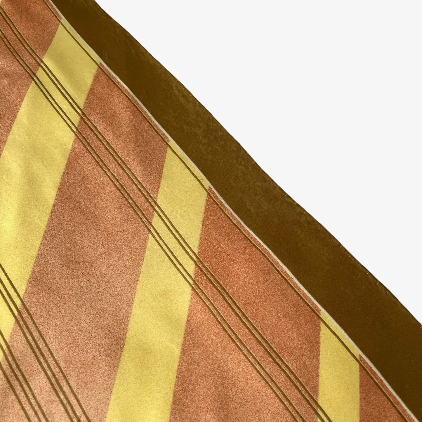 Vintage 60s Trevira Yellow And Pink Striped Polyester Scarf With Brown Trim Wear - Casspios Dream