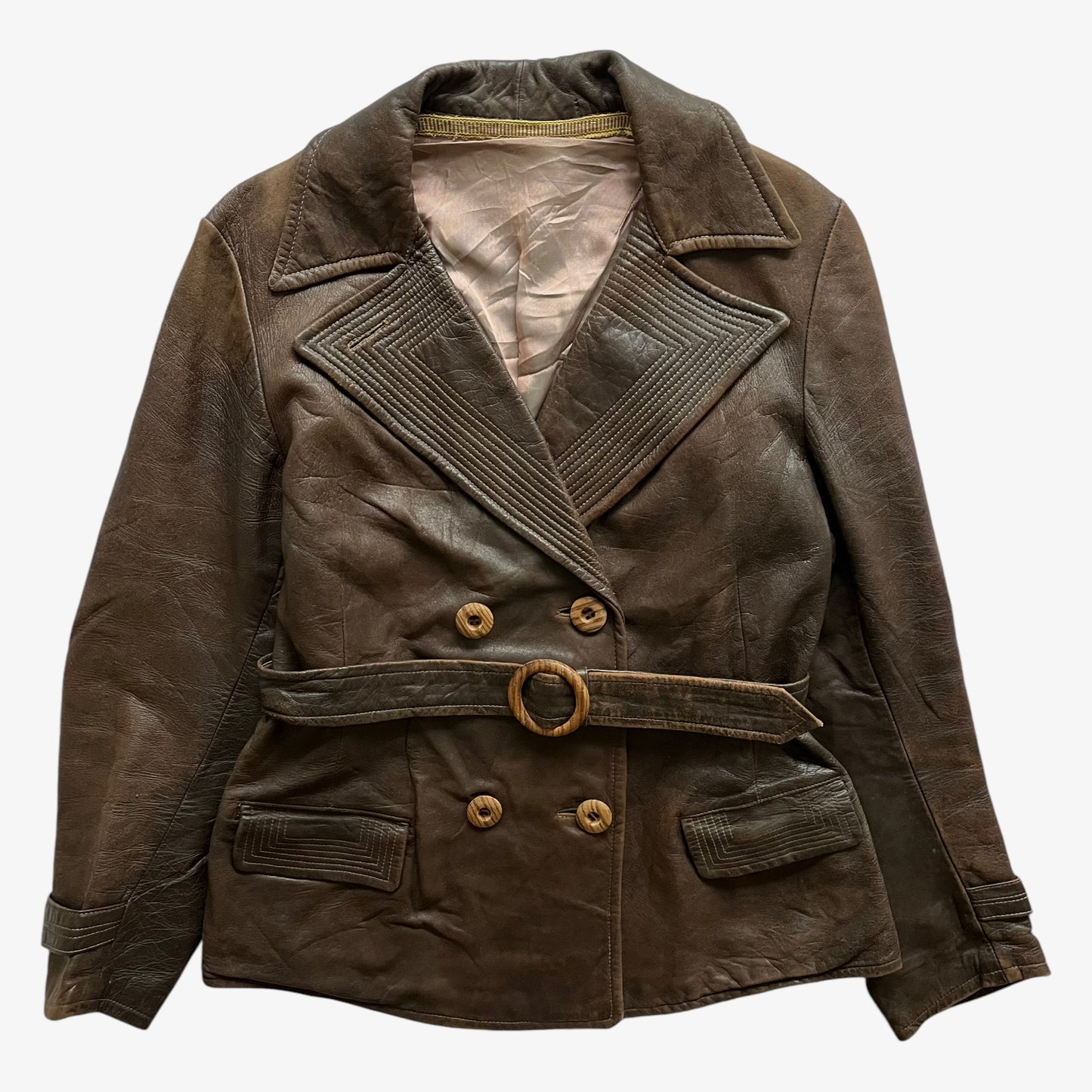 Vintage 60s Womens Brown Leather Double Breasted Jacket With Original Belt - Casspios Dream