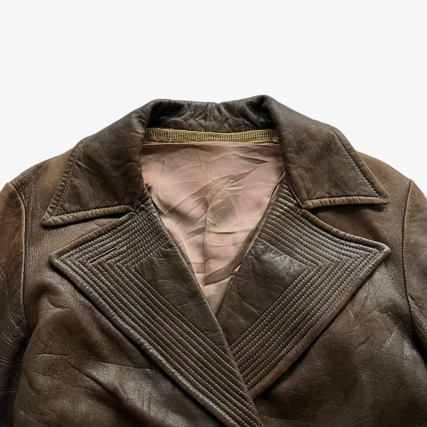 Vintage 60s Womens Brown Leather Double Breasted Jacket With Original Belt Stitching - Casspios Dream