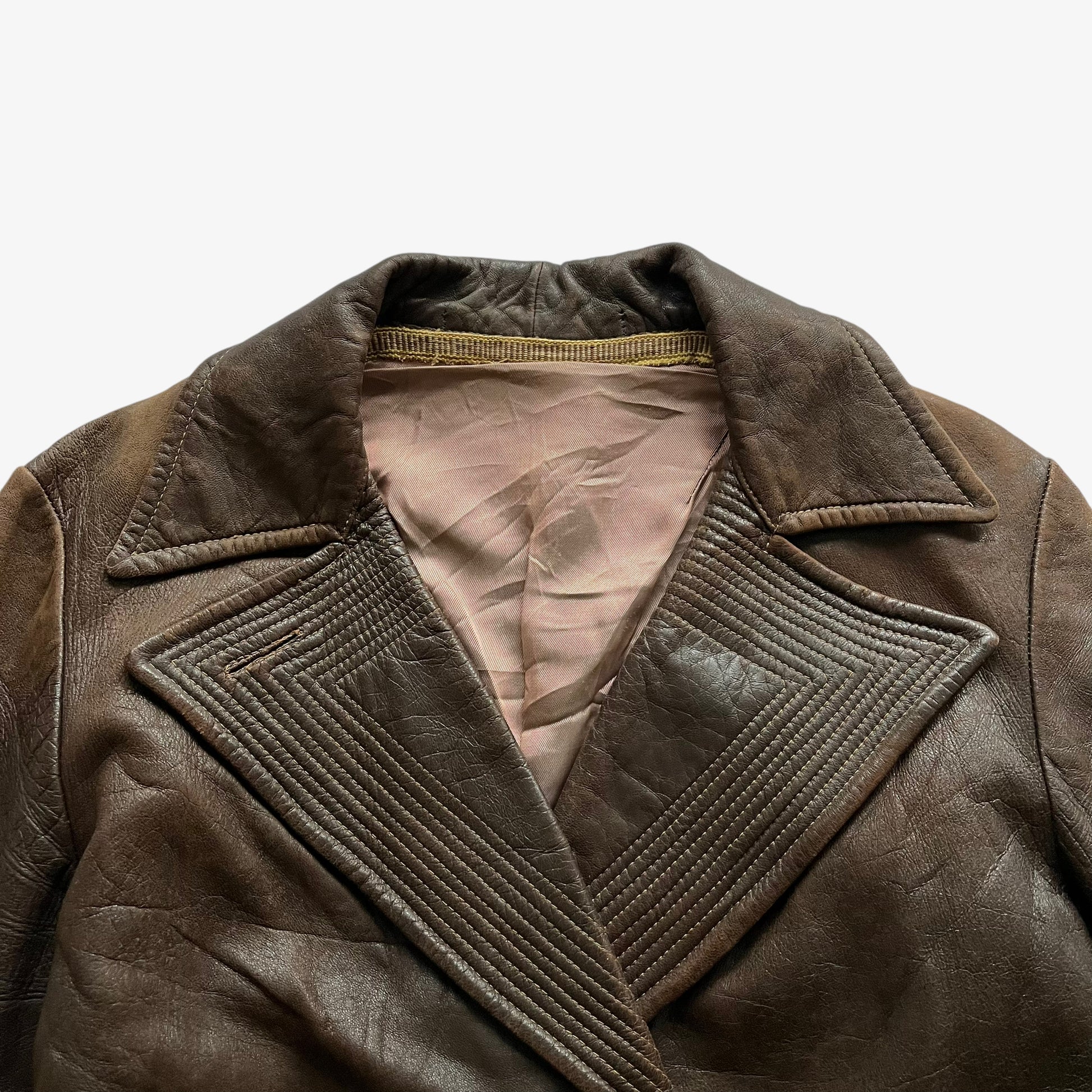 Vintage 60s Womens Brown Leather Double Breasted Jacket With Original Belt Stitching - Casspios Dream