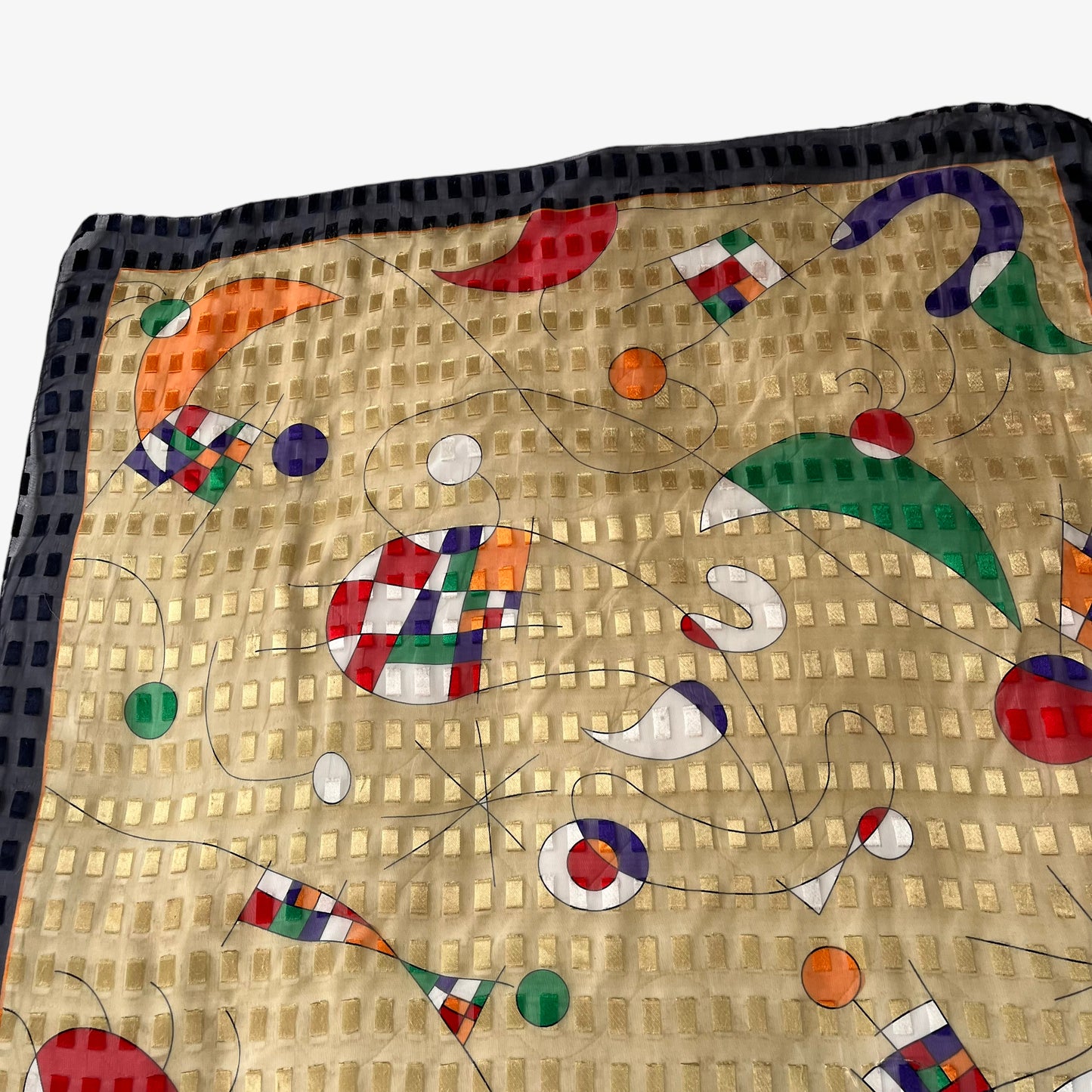 Vintage 80s Abstract Mondrian Print Embossed Gold And Navy Silk Scarf Colourful - Casspios Dream