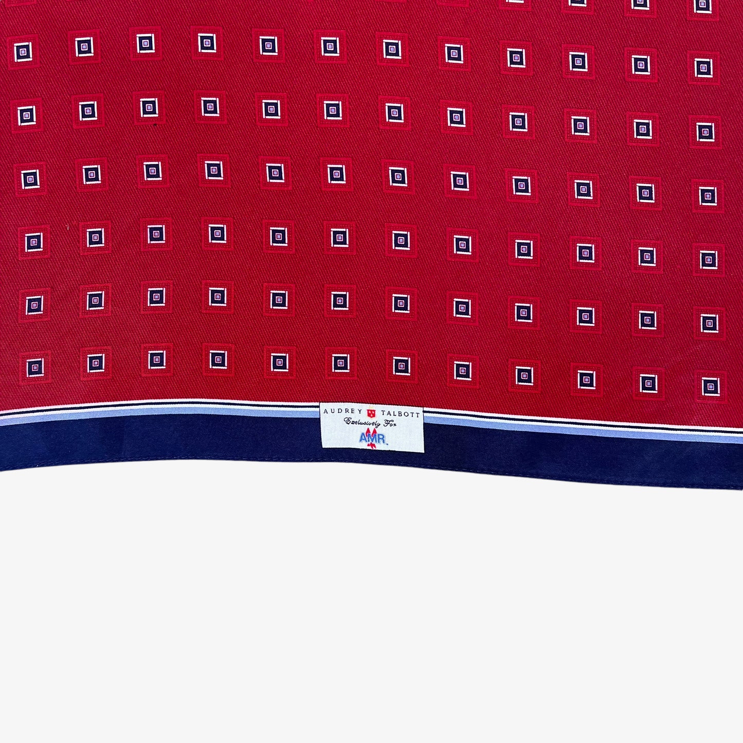 Vintage 80s Audrey Talbott American Airline Geometric Square Print Red Silk Scarf With Navy Trim AMR - Casspios Dream