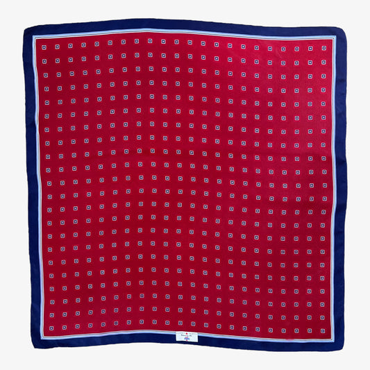 Vintage 80s Audrey Talbott American Airline Geometric Square Print Red Silk Scarf With Navy Trim - Casspios Dream