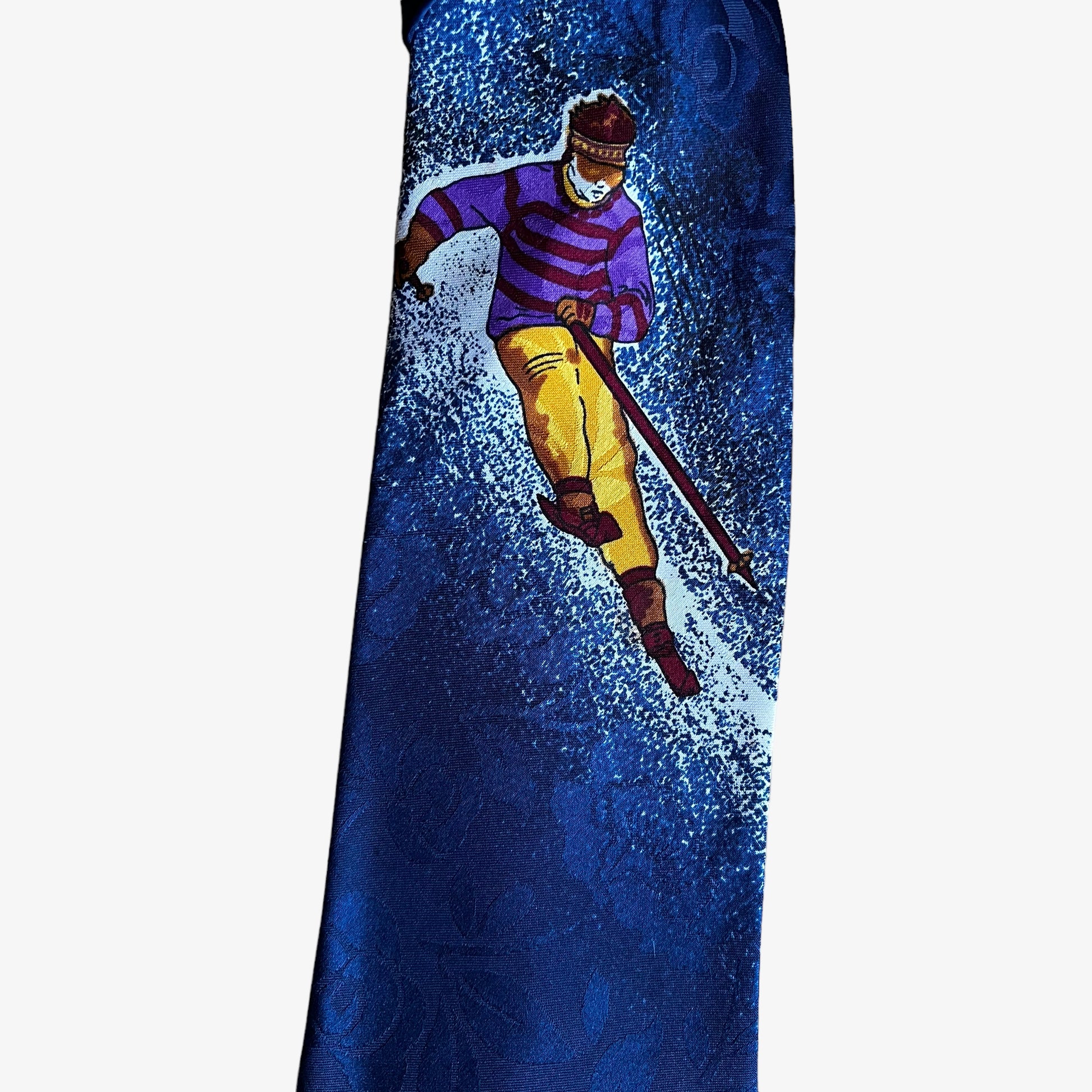 Vintage 80s Dimoda Skiing Print Navy Silk Tie Skier - Casspios Dream