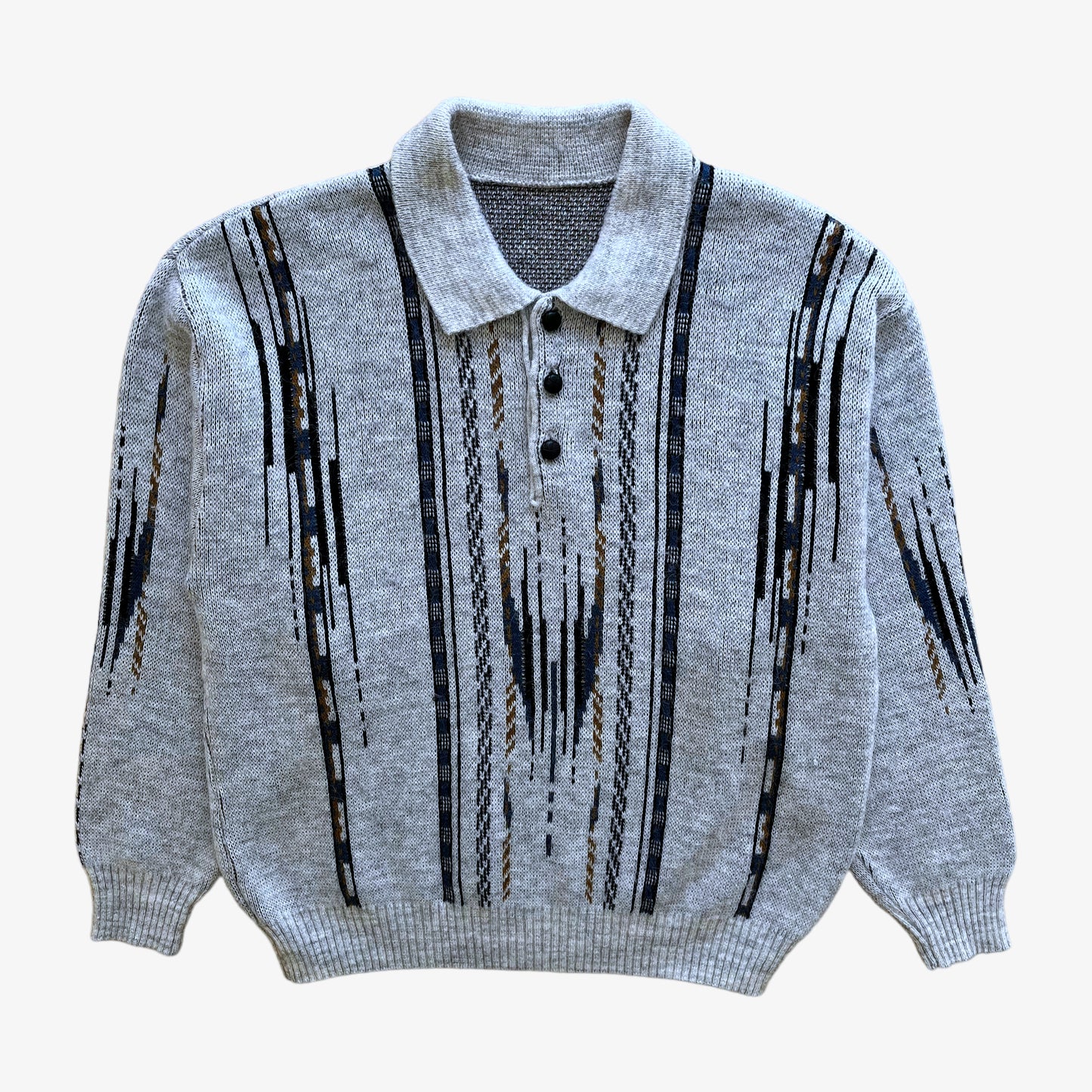 Vintage 80s Mens Abstract Print Grey Collared Jumper - Casspios Dream