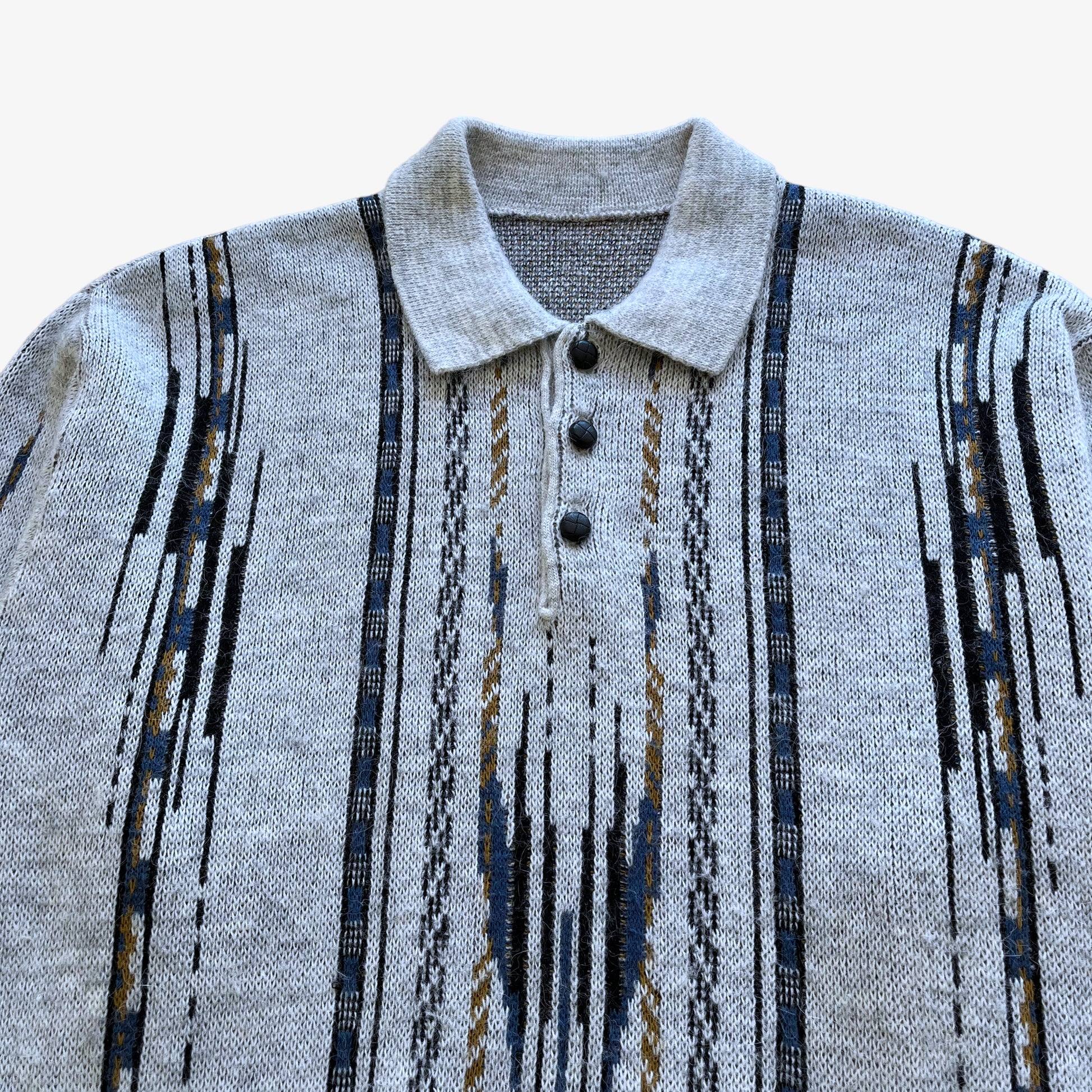 Vintage 80s Mens Abstract Print Grey Collared Jumper Pattern - Casspios Dream