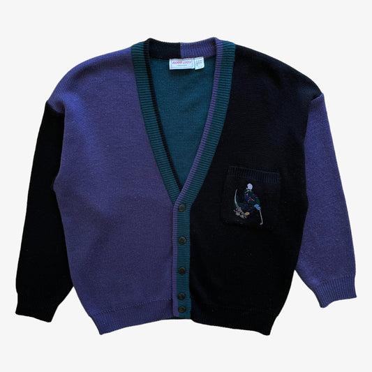 Vintage 80s Mens Berto Lucci Crocodile Golf Purple Green And Black Cardigan - Casspios Dream