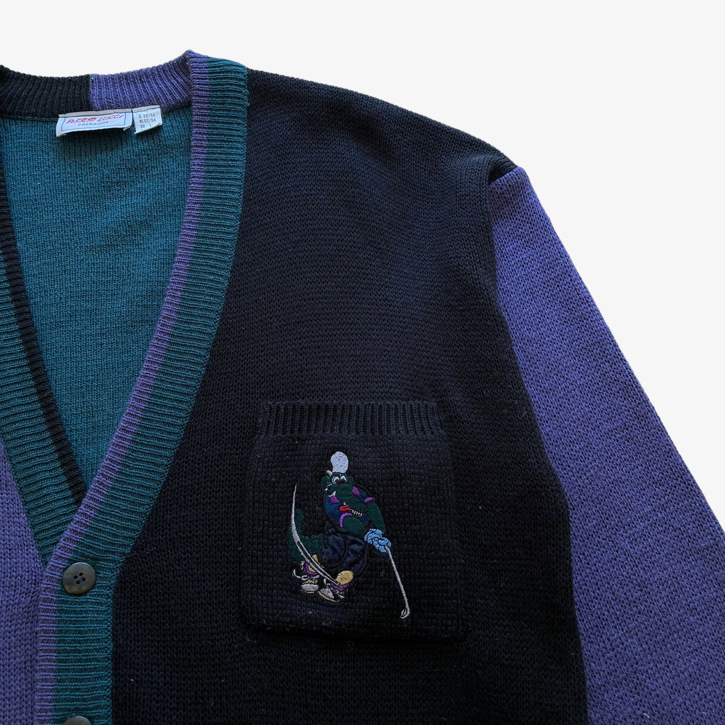 Vintage 80s Mens Berto Lucci Crocodile Golf Purple Green And Black Cardigan Embroidered - Casspios Dream