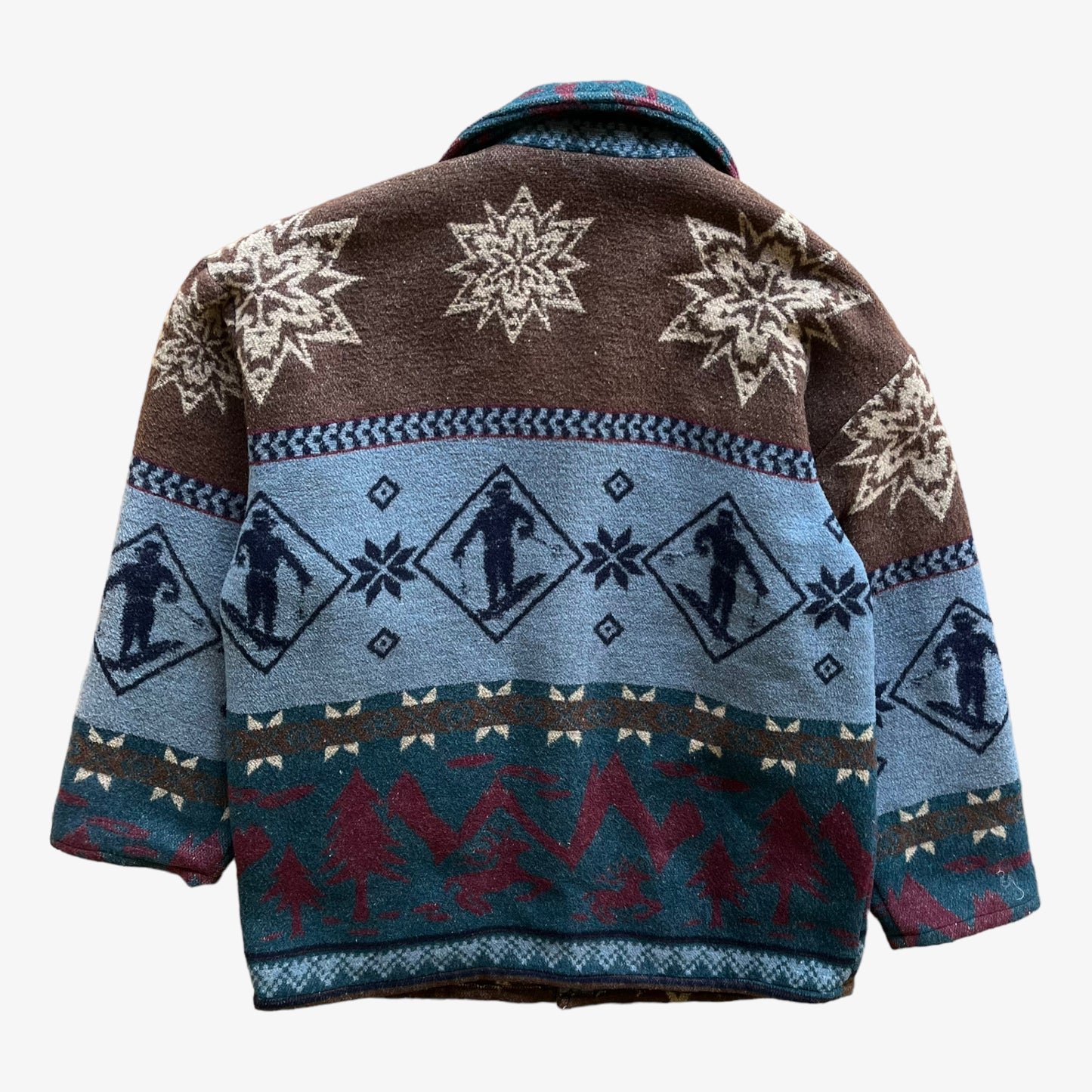 Vintage 80s Mens Blue Riband Ski And Aztec Print Wool Jacket Back - Casspios Dream