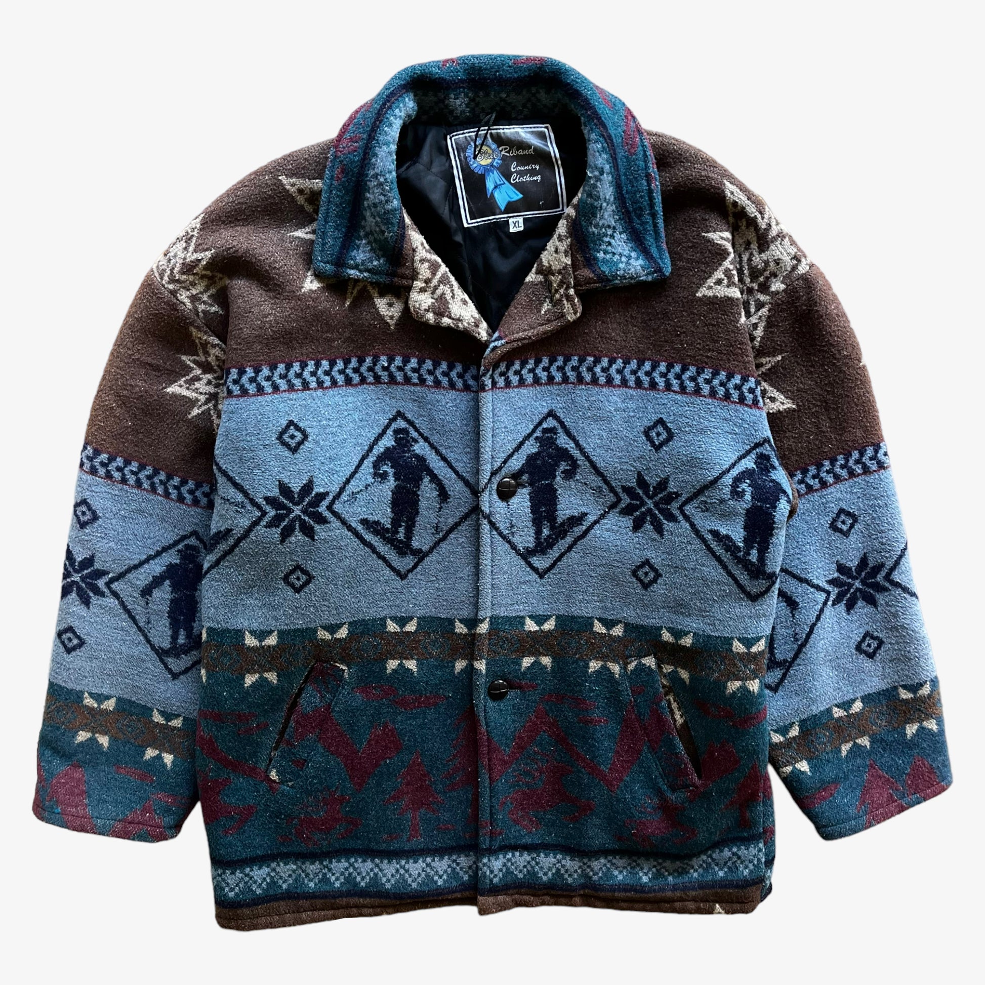 Vintage 80s Mens Blue Riband Ski And Aztec Print Wool Jacket - Casspios Dream
