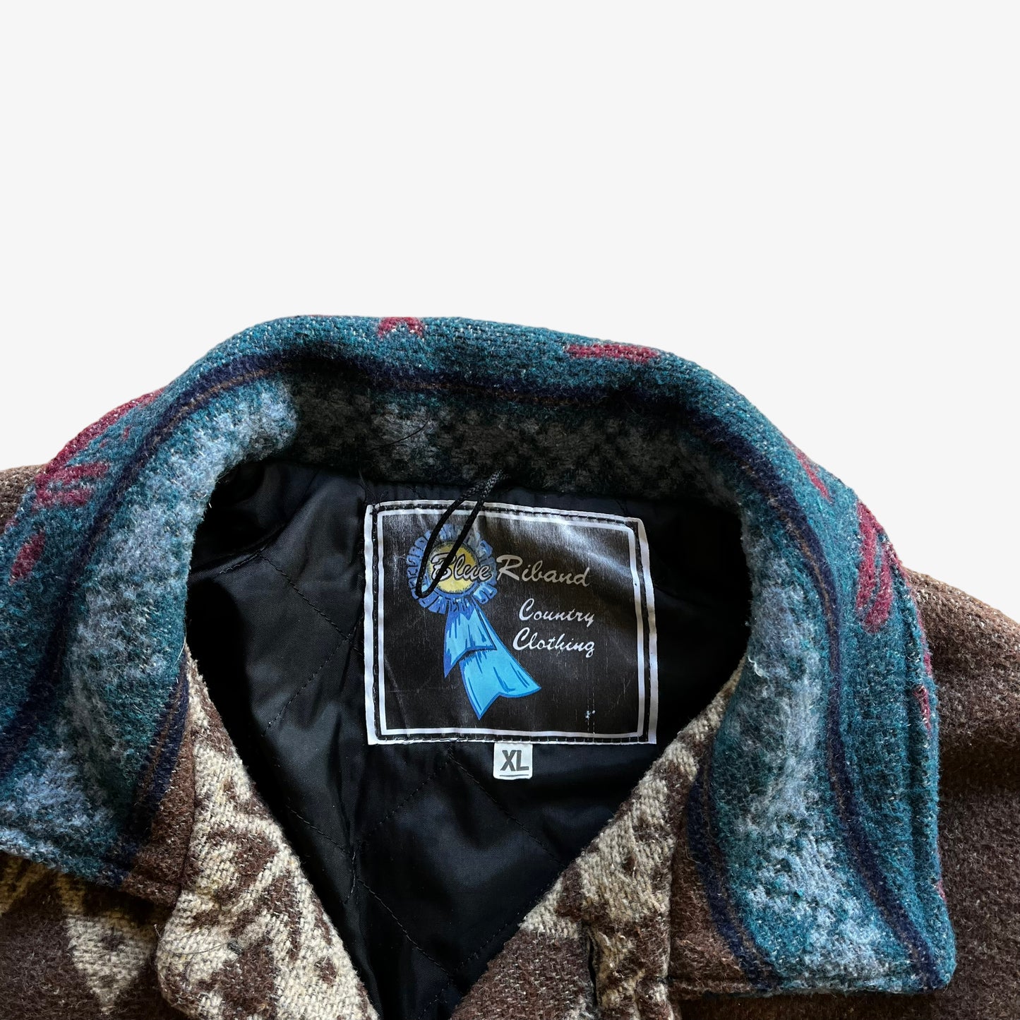 Vintage 80s Mens Blue Riband Ski And Aztec Print Wool Jacket Label - Casspios Dream