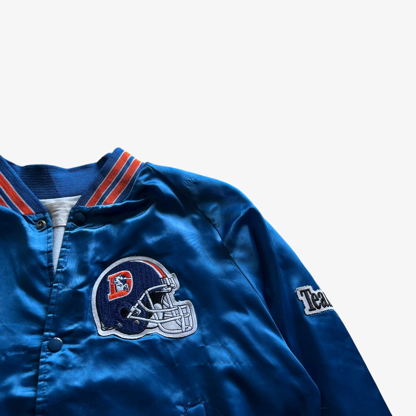 Vintage 80s Mens Chalk Line NFL Denver Broncos Blue Satin Varsity Jacket Team Badge - Casspios Dream