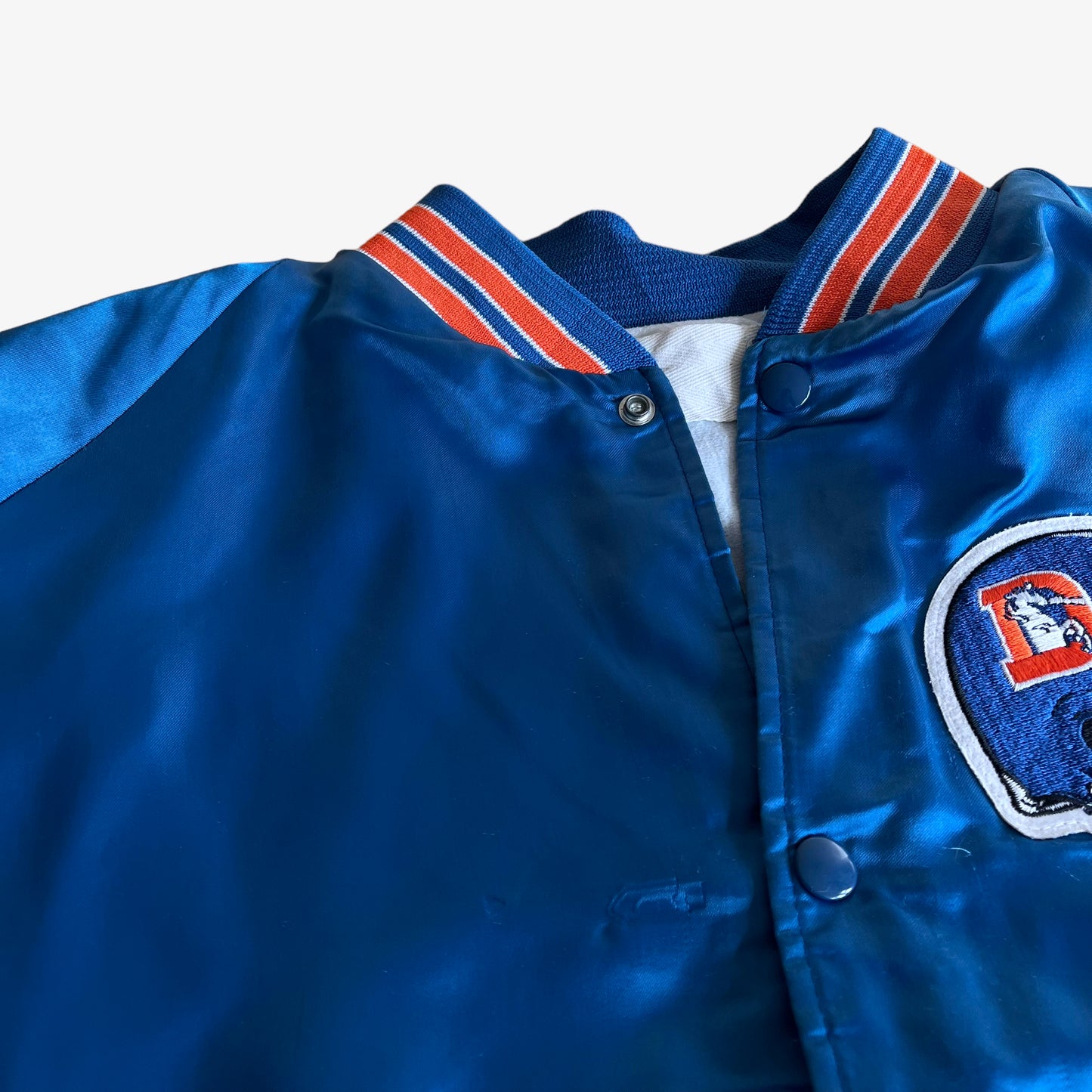 Vintage 80s Mens Chalk Line NFL Denver Broncos Blue Satin Varsity Jacket Button - Casspios Dream