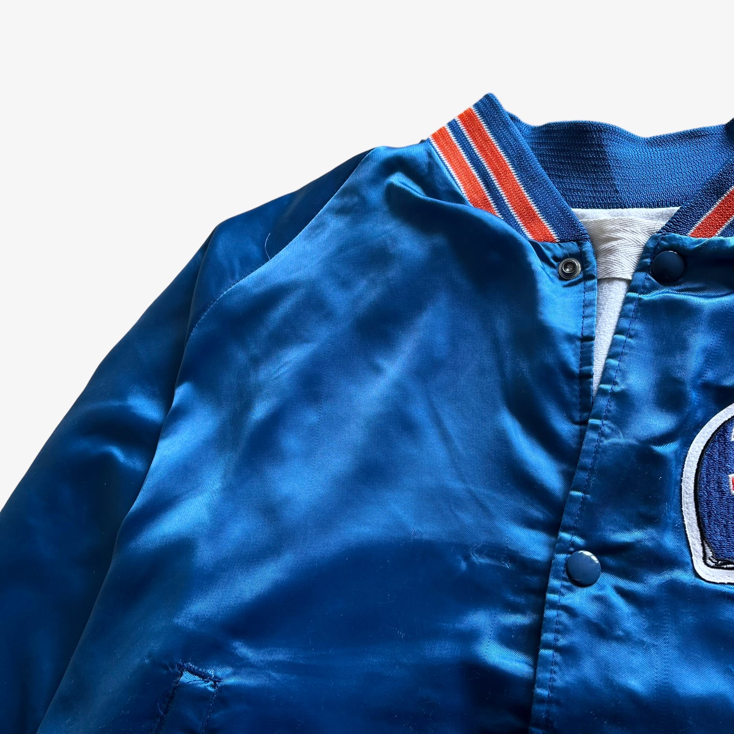 Vintage 80s Mens Chalk Line NFL Denver Broncos Blue Satin Varsity Jacket Shoulder - Casspios Dream