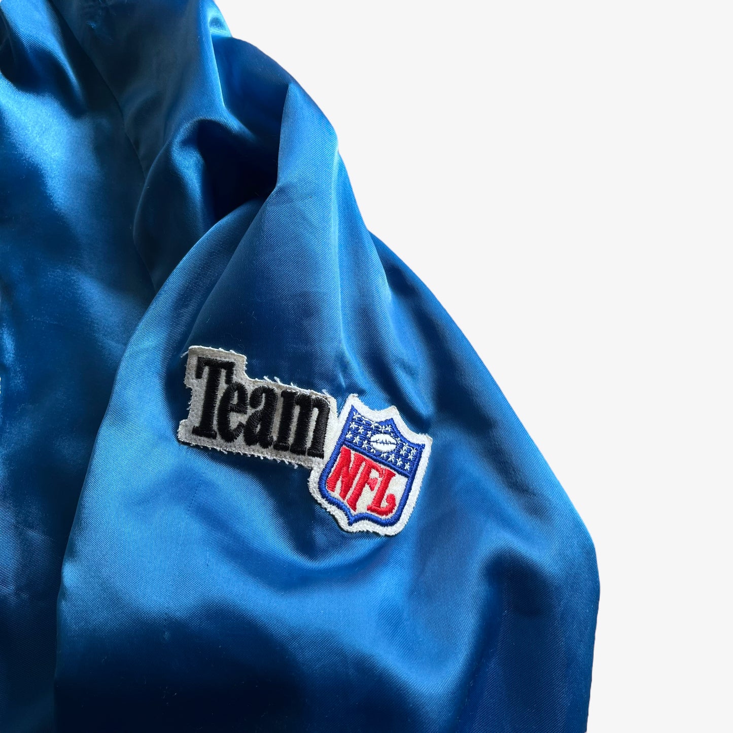 Vintage 80s Mens Chalk Line NFL Denver Broncos Blue Satin Varsity Jacket Sleeve - Casspios Dream