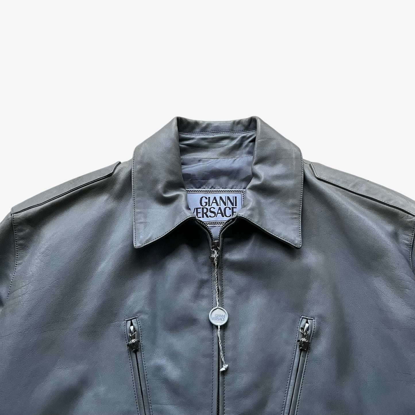 Vintage 80s Mens Gianni Versace Grey Leather Jacket With Medusa Head Zips Collar - Casspios Dream