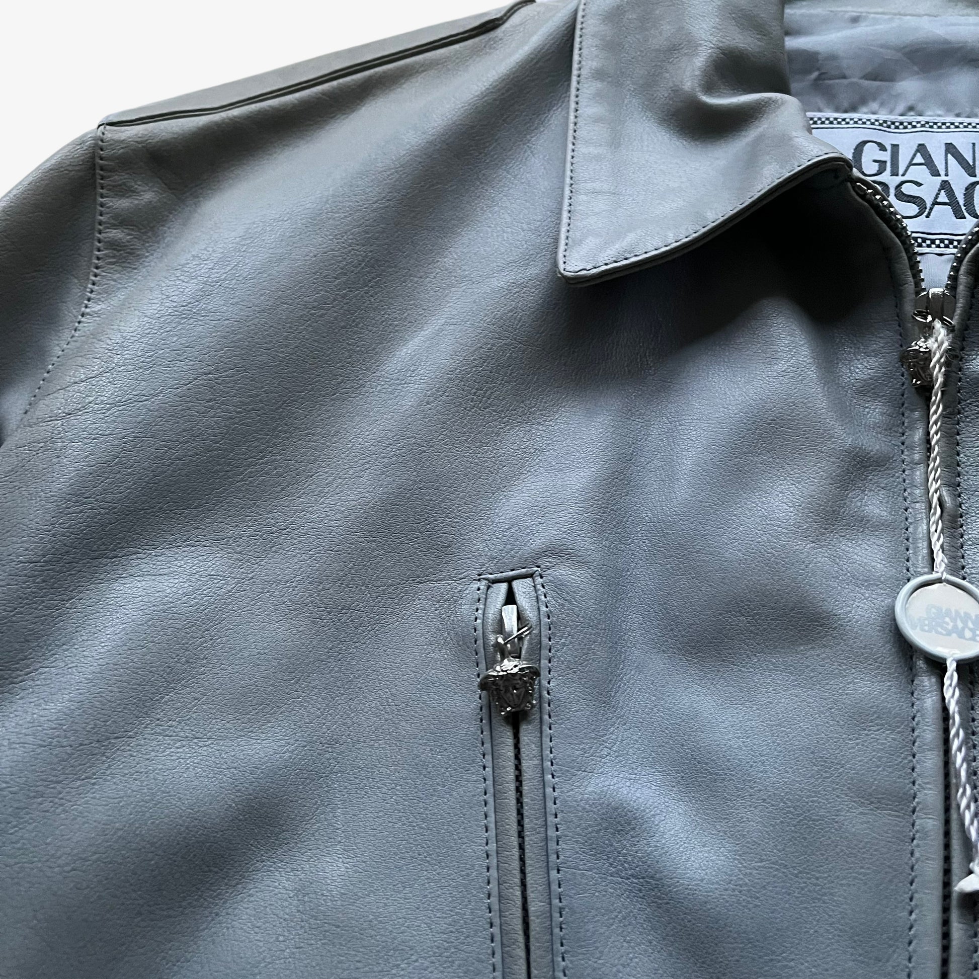 Vintage 80s Mens Gianni Versace Grey Leather Jacket With Medusa Head Zips Emblem - Casspios Dream