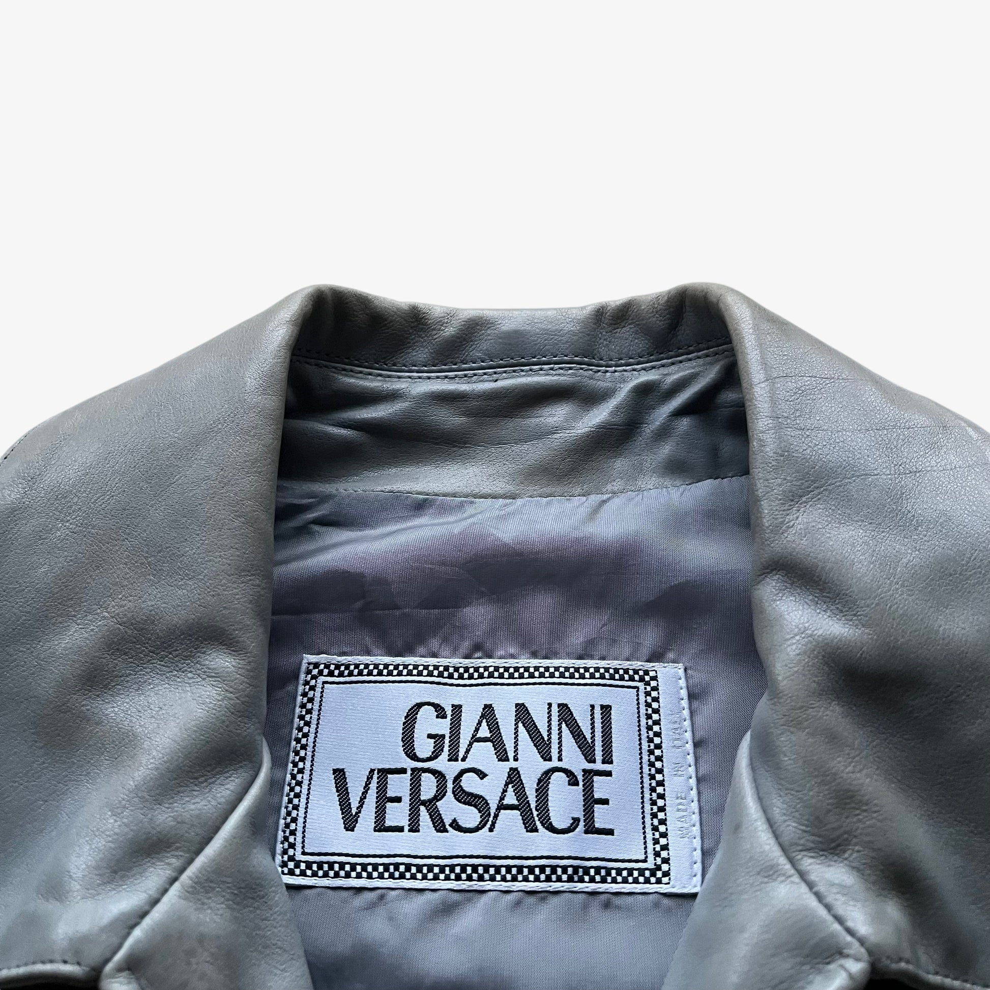 Vintage 80s Mens Gianni Versace Grey Leather Jacket With Medusa Head Zips Label - Casspios Dream