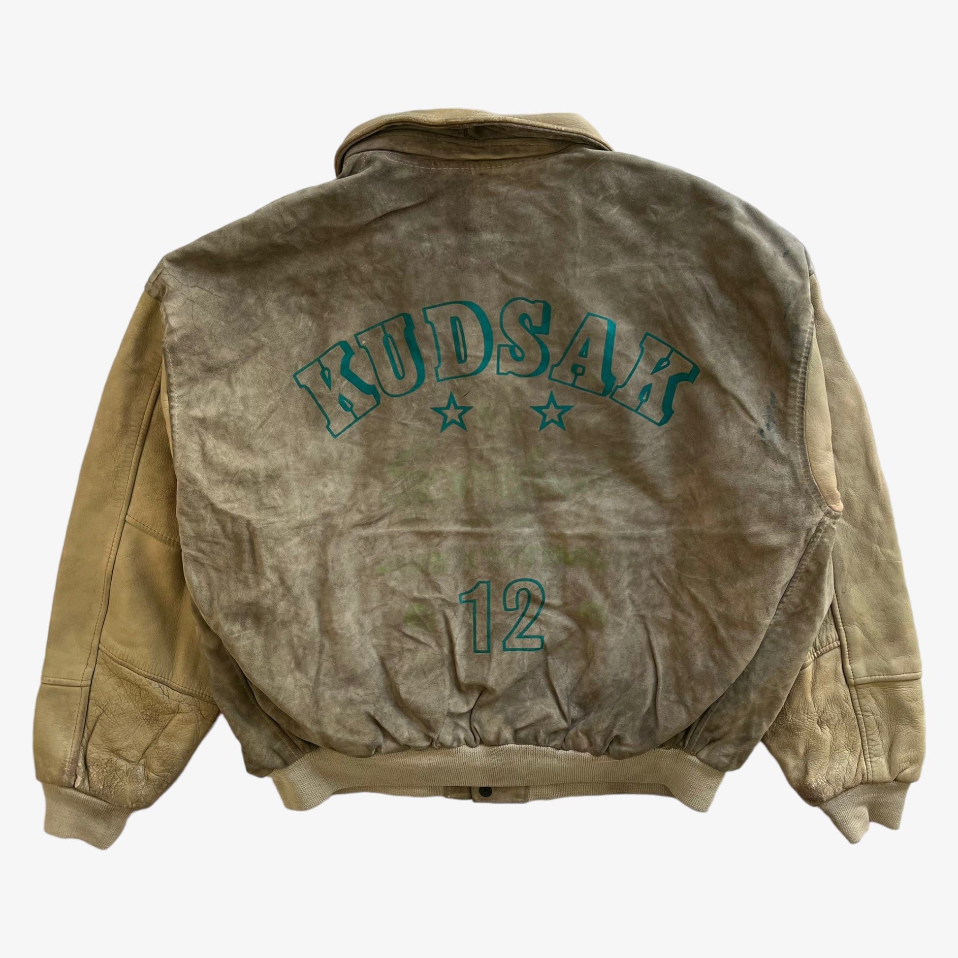 Vintage 80s Mens Kudsak Leather Varsity Jacket With Back Printed Spell Out Back - Casspios Dream