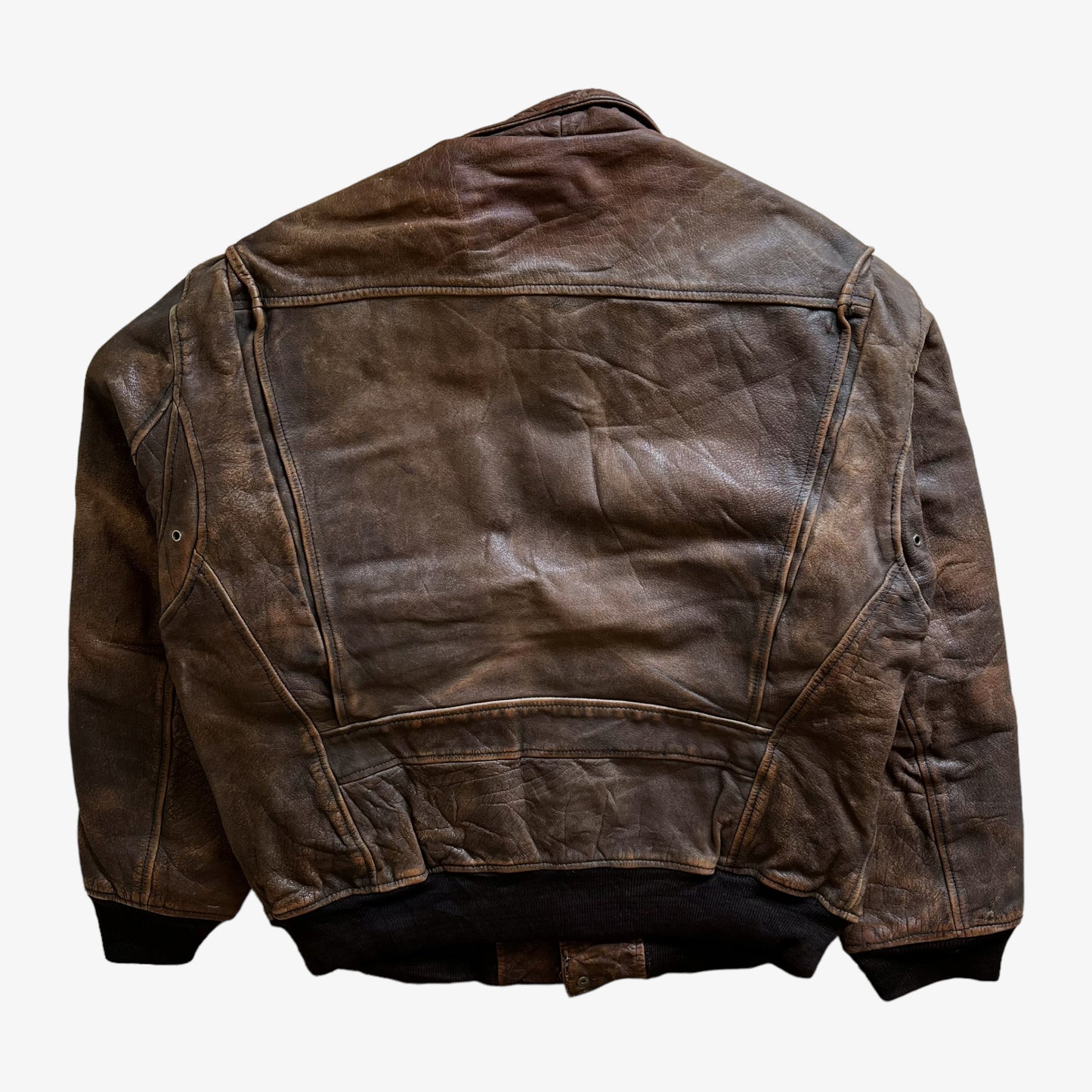 Vintage 80s Mens Lee Brown Leather Pilot Jacket Back - Casspios Dream