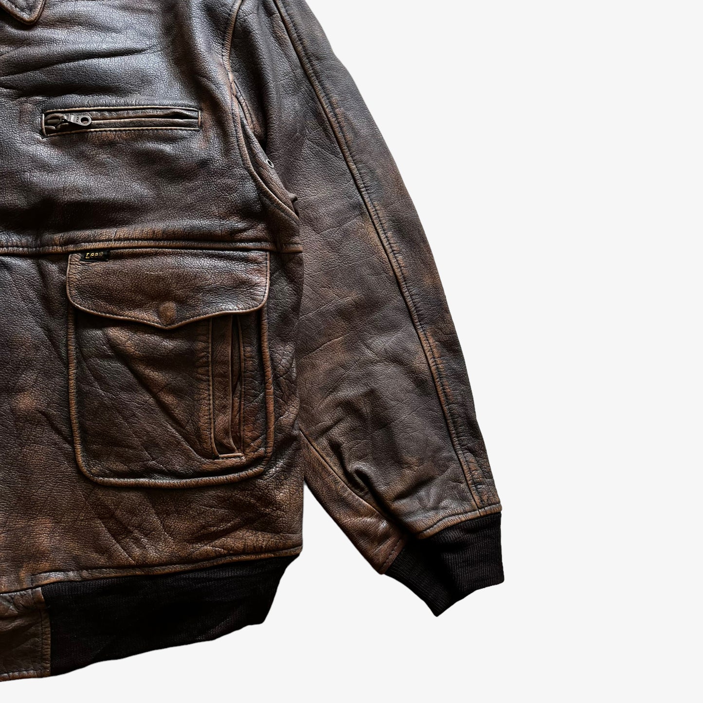 Vintage 80s Mens Lee Brown Leather Pilot Jacket Sleeve - Casspios Dream