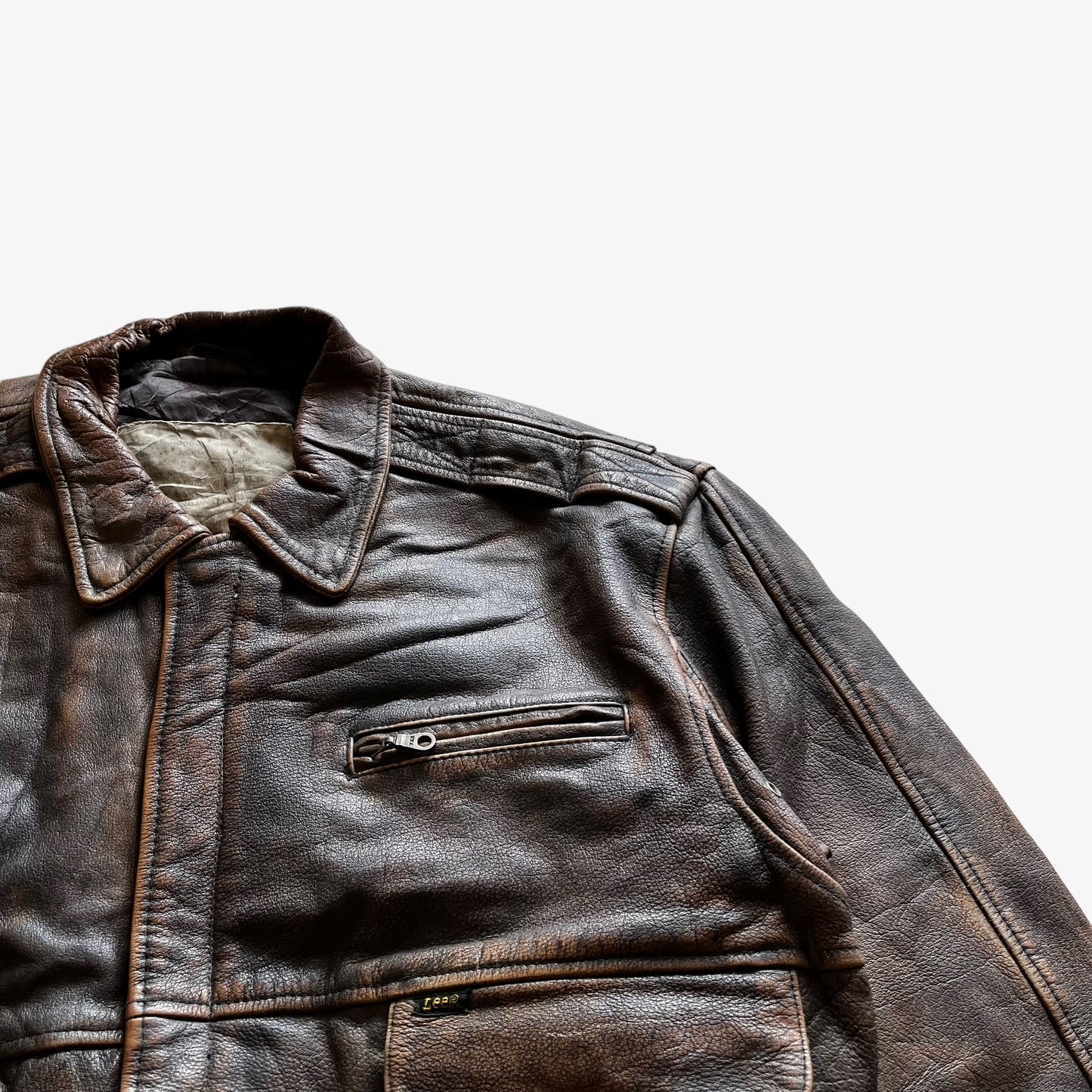 Vintage 80s Mens Lee Brown Leather Pilot Jacket Utility - Casspios Dream