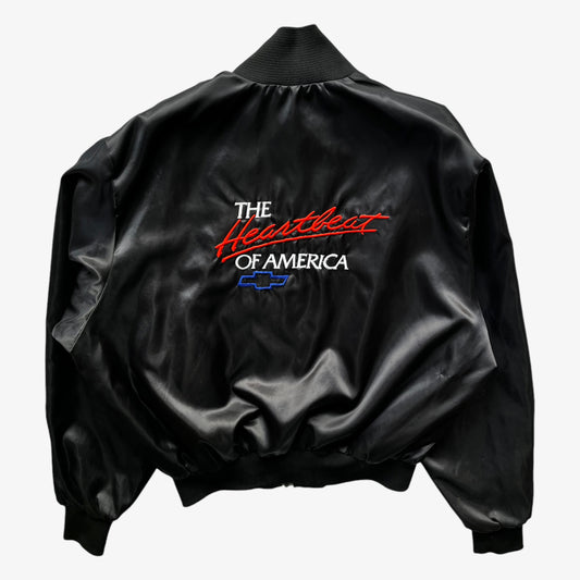 Vintage 80s Mens Legends Chevrolet Heartbeat Of America Black Shell Jacket Back - Casspios Dream