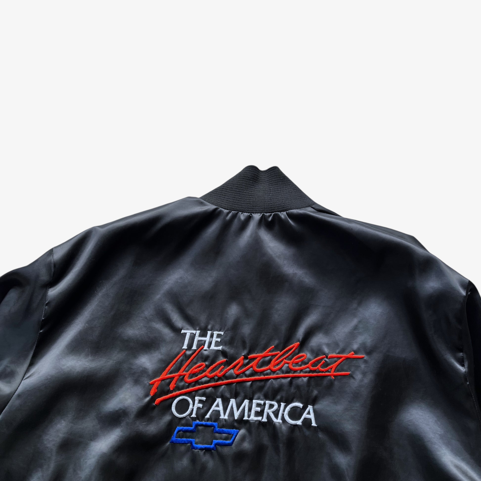 Vintage 80s Mens Legends Chevrolet Heartbeat Of America Black Shell Jacket Spell Out - Casspios Dream