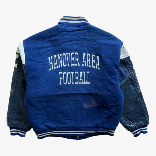 Vintage 80s Mens Ripon Hanover Area Football Leather &amp; Wool Blue Varsity Jacket Back - Casspios Dream