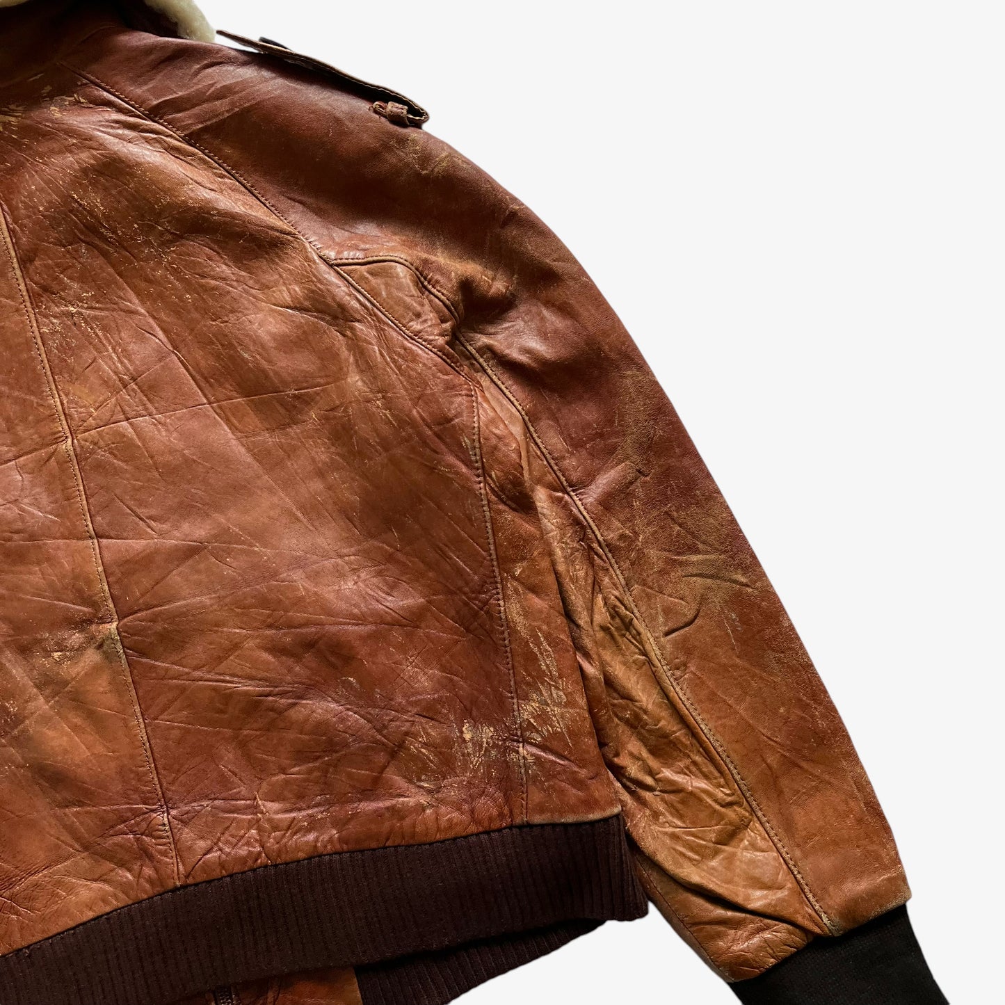 Vintage 80s Mens Silton Brown Leather Pilot Jacket With Fur Collar Shoulder - Casspios Dream