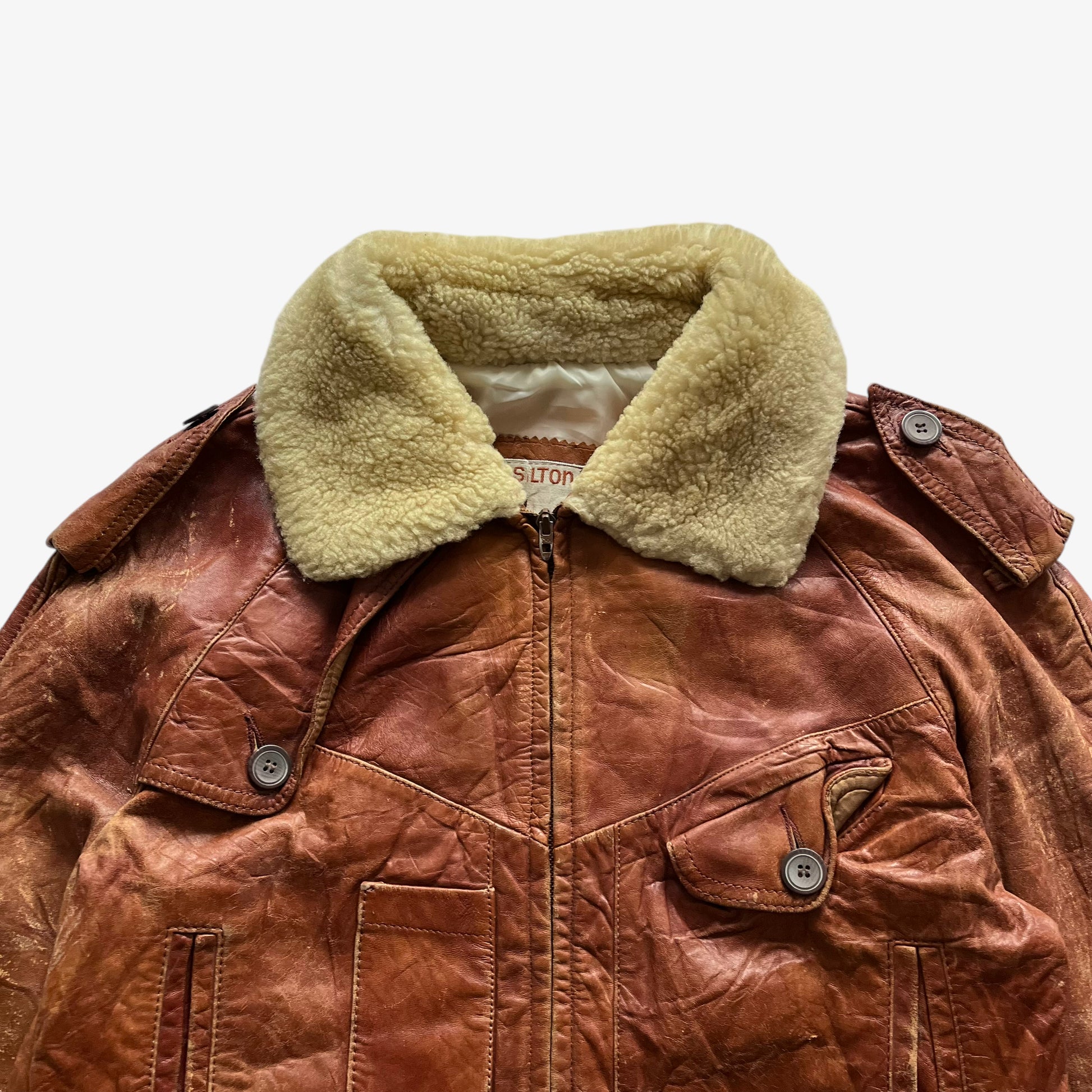 Vintage 80s Mens Silton Brown Leather Pilot Jacket With Fur Collar Zipper - Casspios Dream