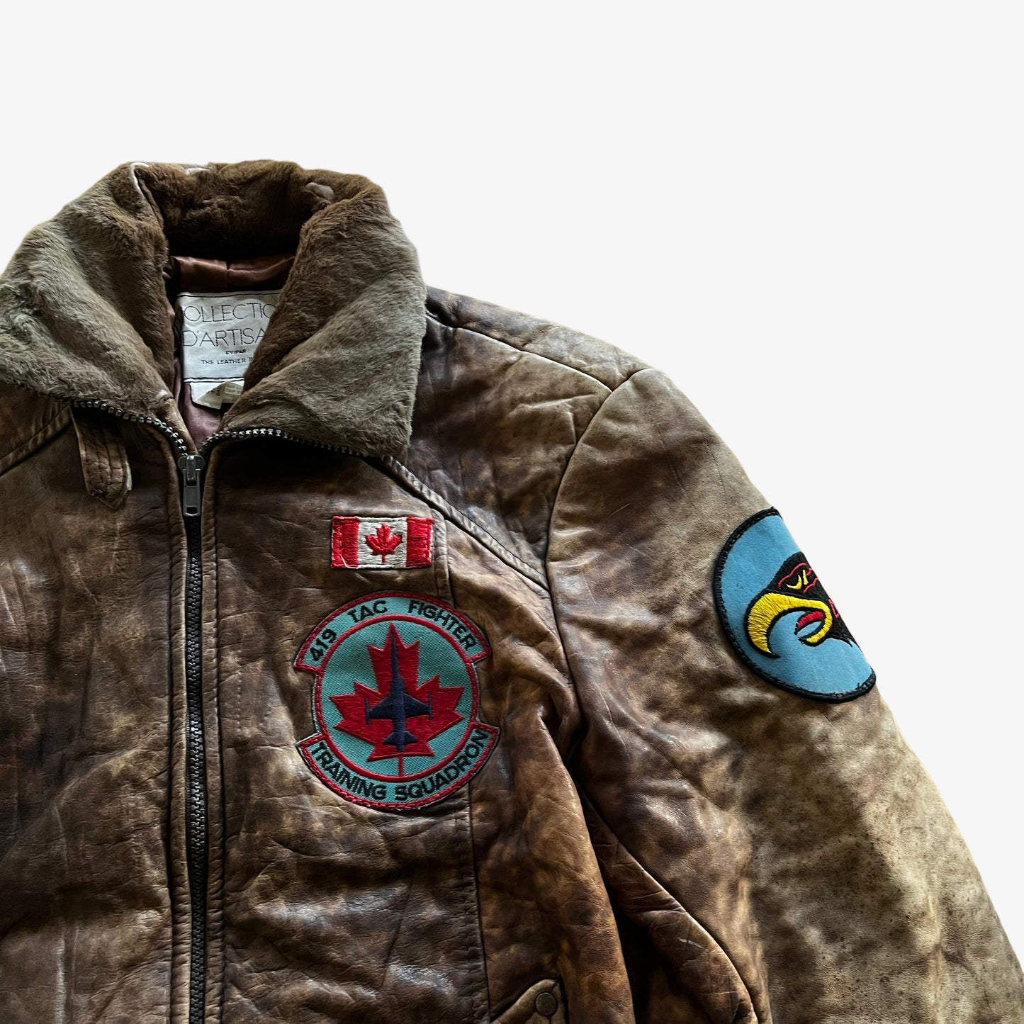 Vintage 80s Mens The Leather Ranch Collection D'Artisan Brown Pilot Jacket With Squad Patches And Fur Collar Eagle - Casspios Dream