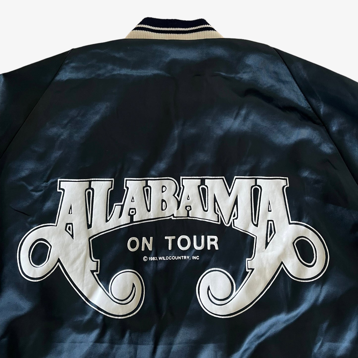 Vintage 80s Upstream Alabama 1983 Tour Blue Satin Jacket Back Logo - Casspios Dream