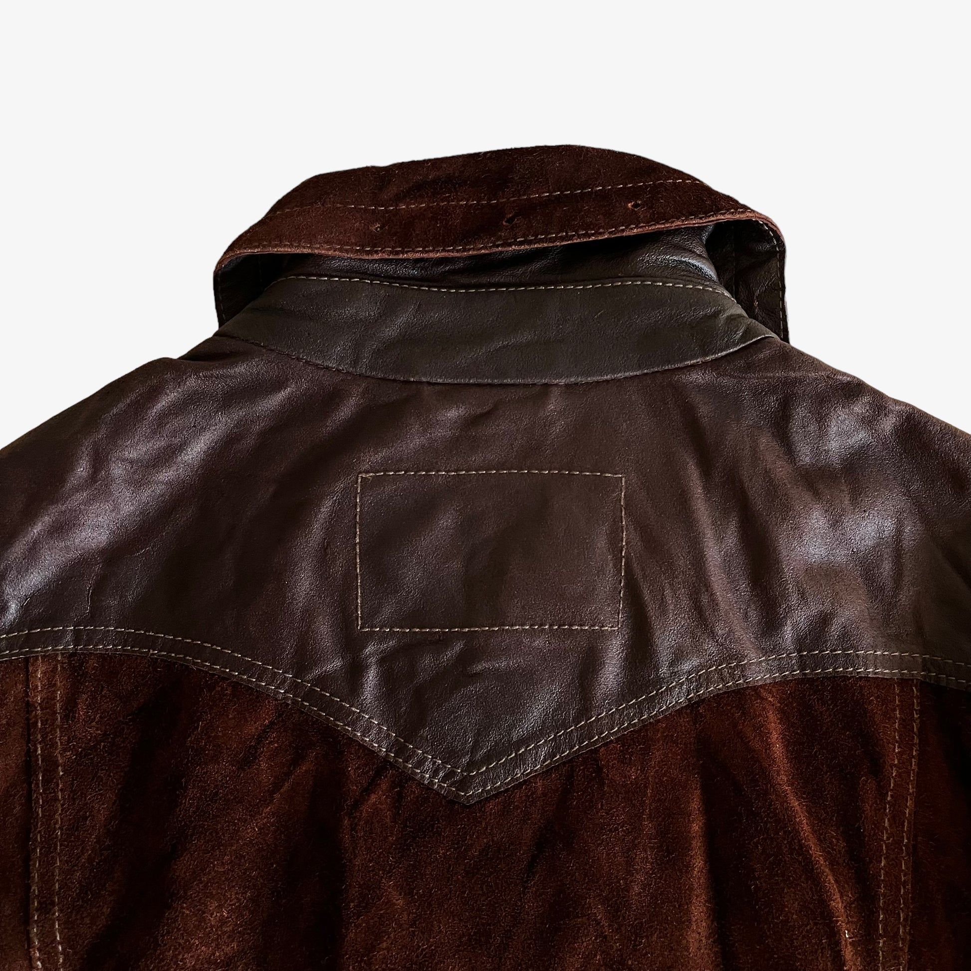 Vintage 80s Womens Armani Jeans Brown Leather Suede Jacket Back Collar - Casspios Dream