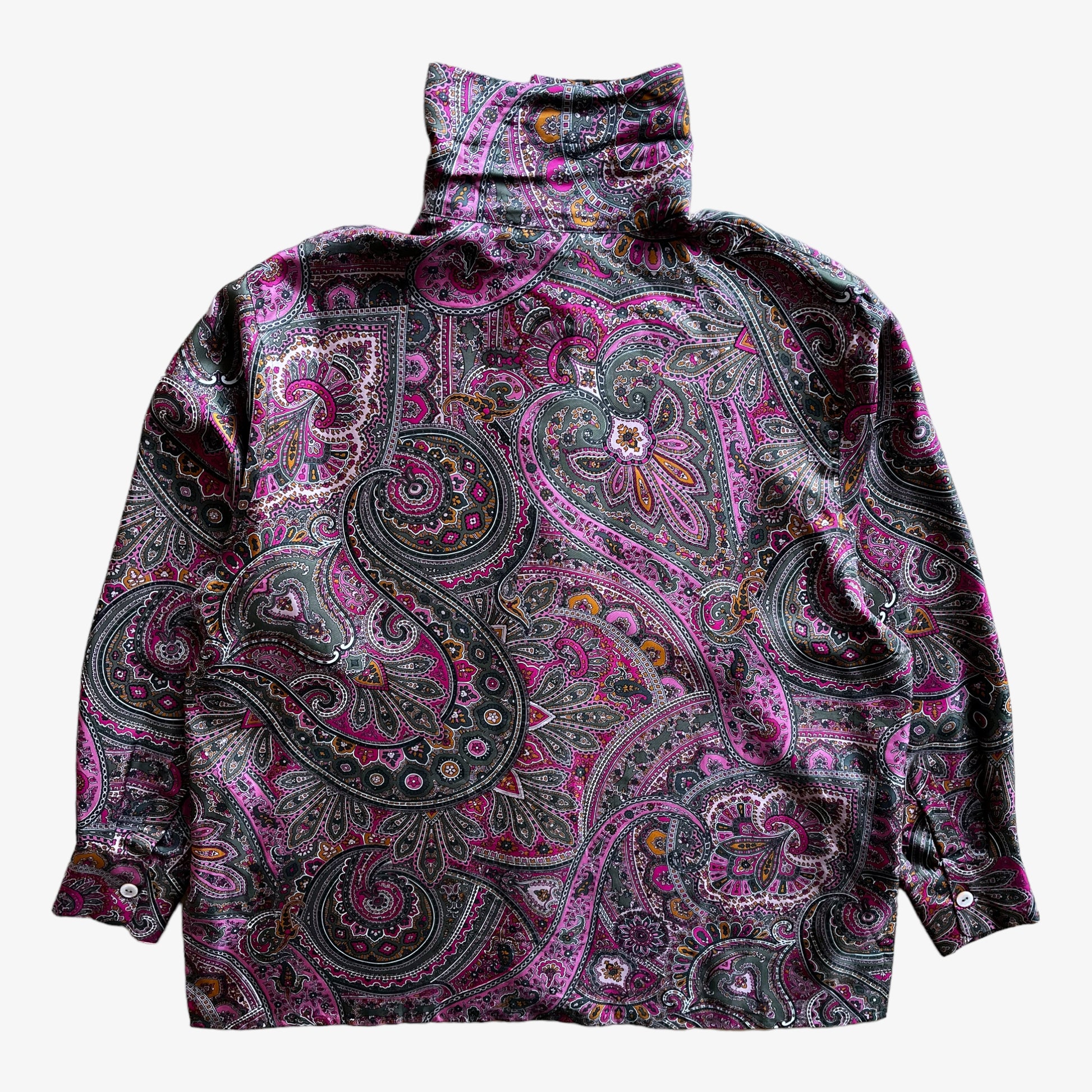 Vintage 80s Womens Bramante Paisley Print Long Sleeve Turtleneck Silk Shirt Back - Casspios Dream