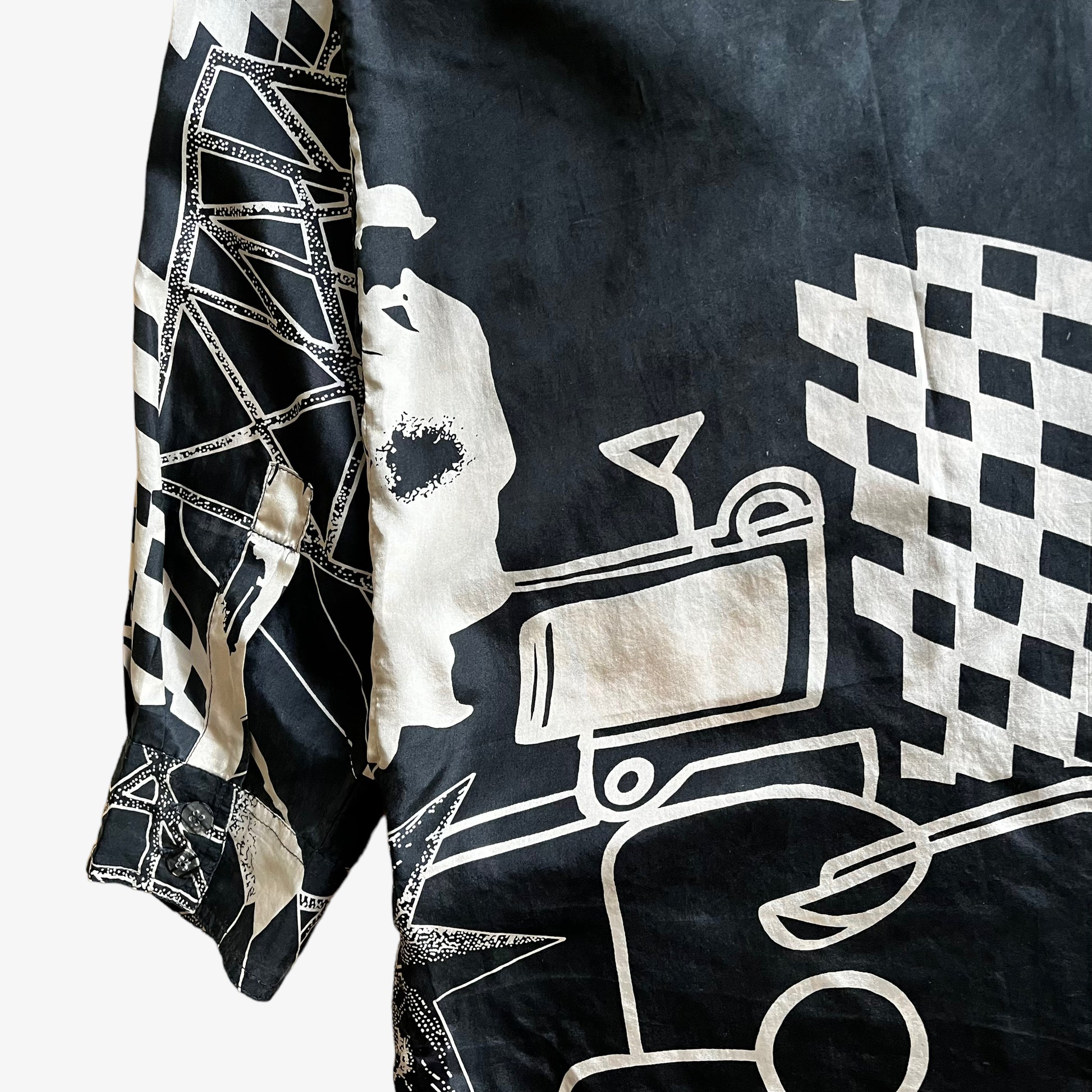 Vintage 80s Womens Enrico Awati Abstract Print Long Sleeve Black & White Silk Shirt Monochrome - Casspios Dream