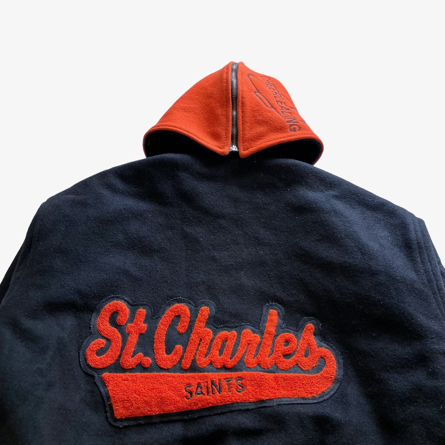 Vintage 80s Womens Game St Charles Saints Cheerleading Black & Orange Wool Varsity Jacket Back Spell Out - Casspios Dream