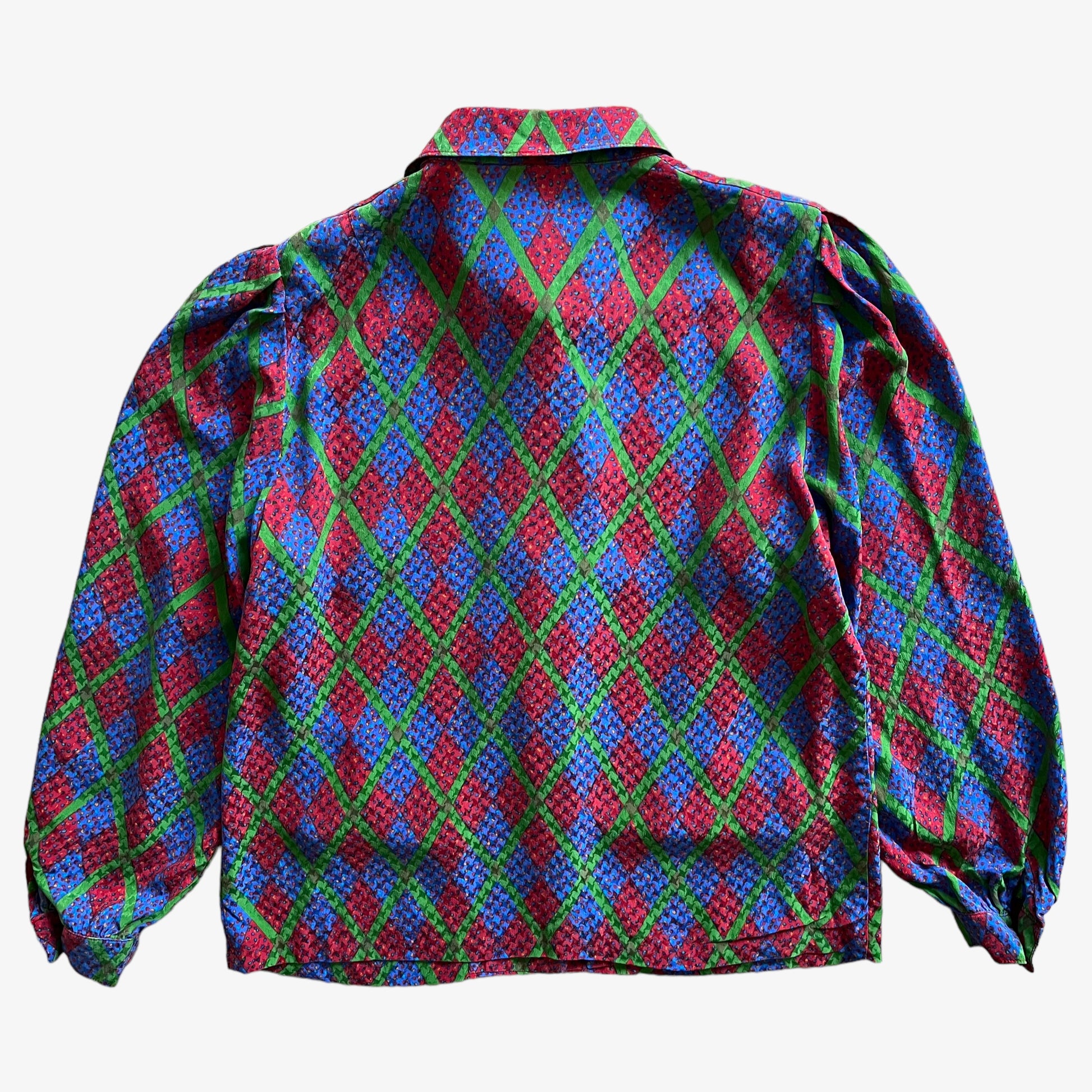 Vintage 80s Womens Green And Blue Abstract Triangle Print Long Ballon Sleeve Red Silk Shirt Back - Casspios Dream