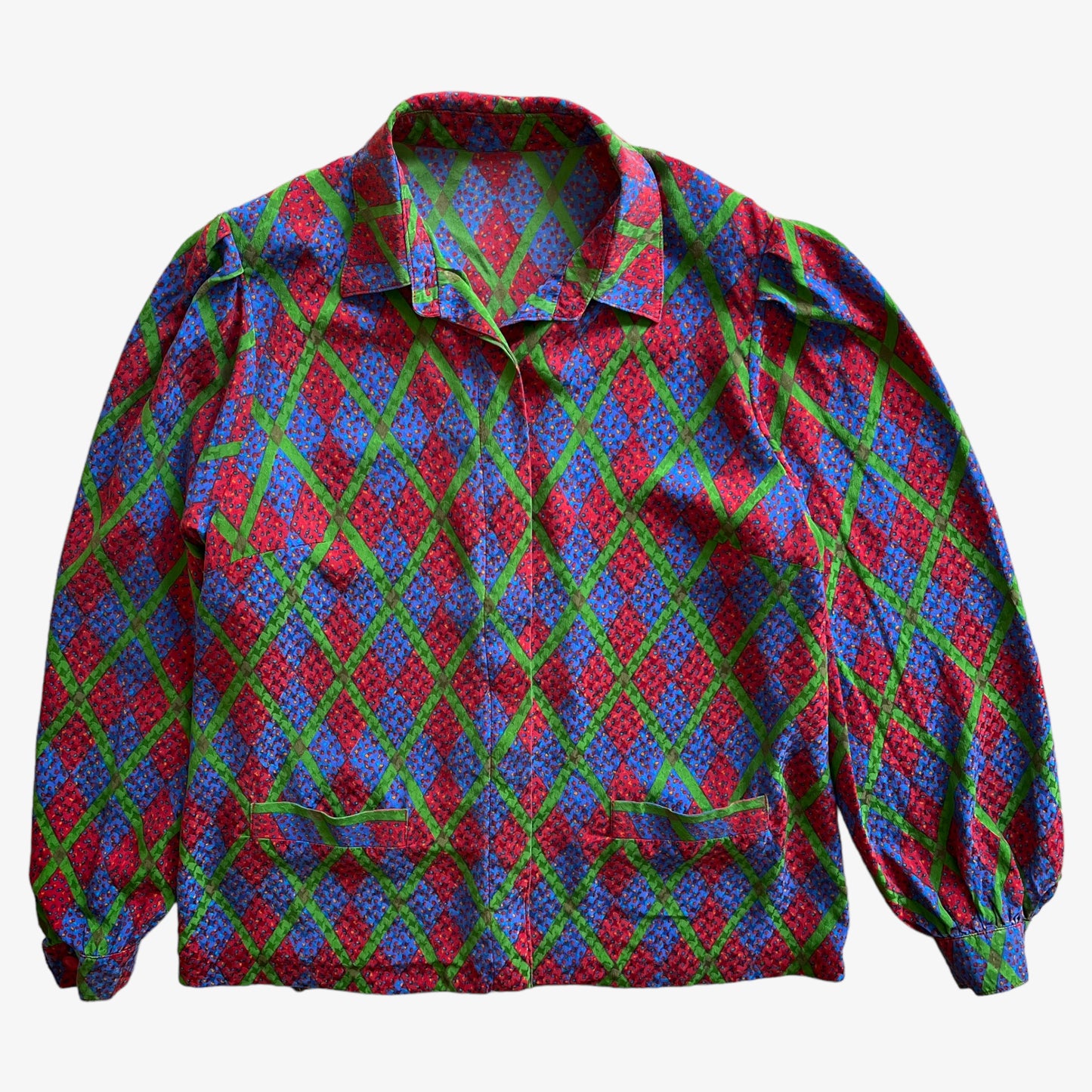 Vintage 80s Womens Green And Blue Abstract Triangle Print Long Ballon Sleeve Red Silk Shirt - Casspios Dream