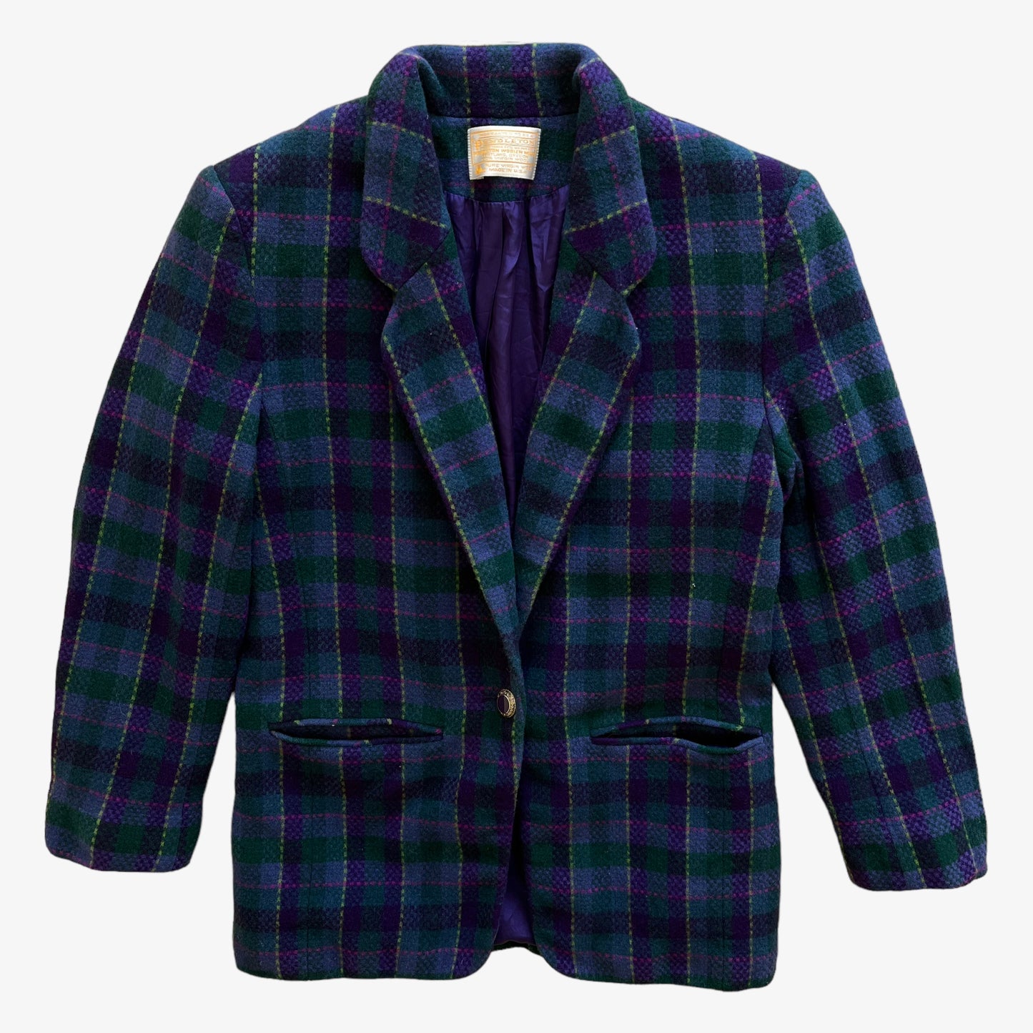 Vintage 80s Womens Pendleton Green And Purple Tartan Wool Blazer - Casspios Dream