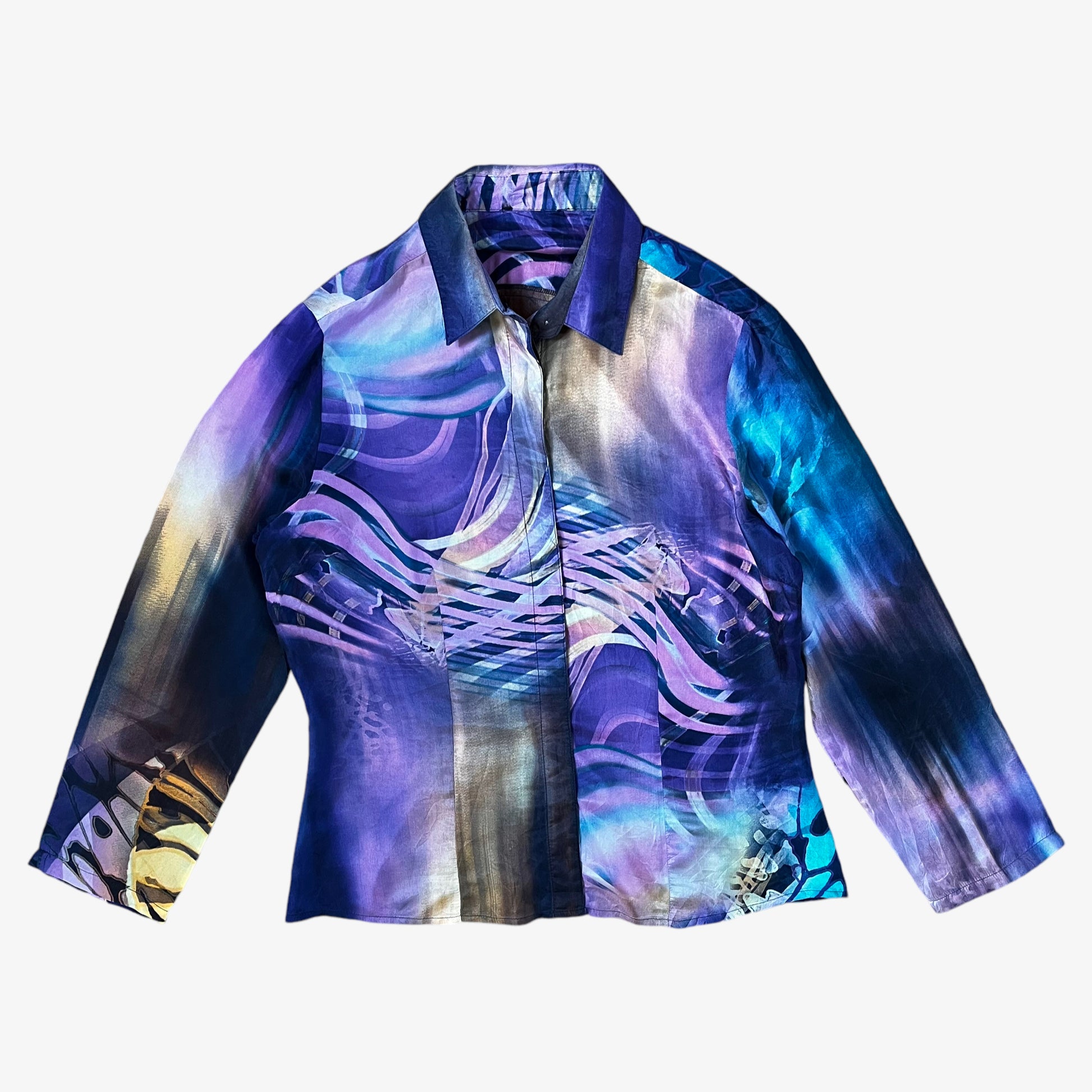 Vintage 80s Womens Purple And Blue Abstract Print Silk Shirt - Casspios Dream