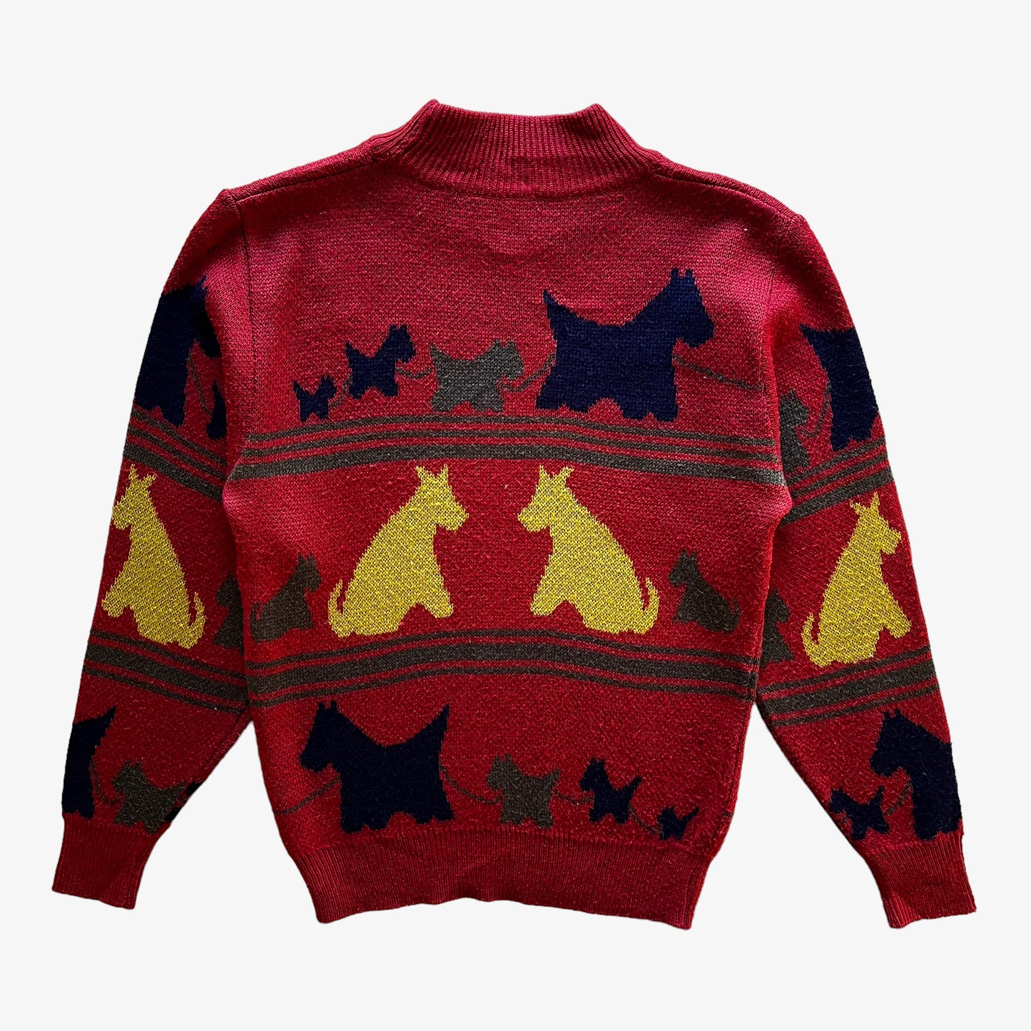 Vintage 80s Womens Scottish Terrier Dog Print Turtleneck Wool Blend Orange Jumper Back - Casspios Dream