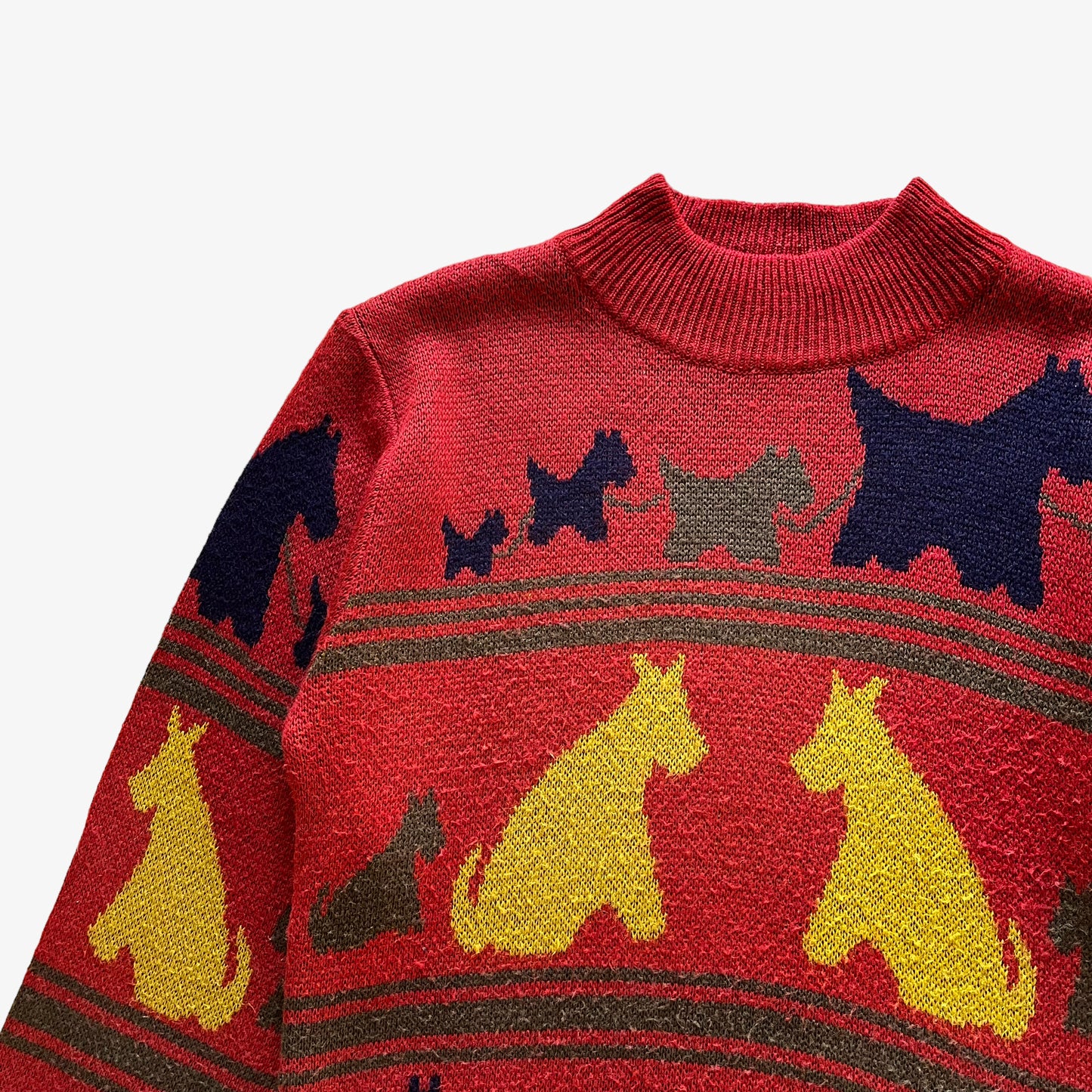 Vintage 80s Womens Scottish Terrier Dog Print Turtleneck Wool Blend Orange Jumper Colourful - Casspios Dream