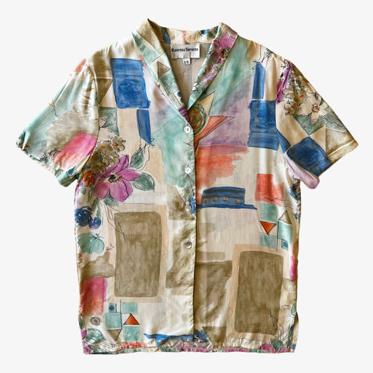 Vintage 80s Womens Vanessa Stevens Abstract Floral Print Short Sleeve Shirt - Casspios Dream