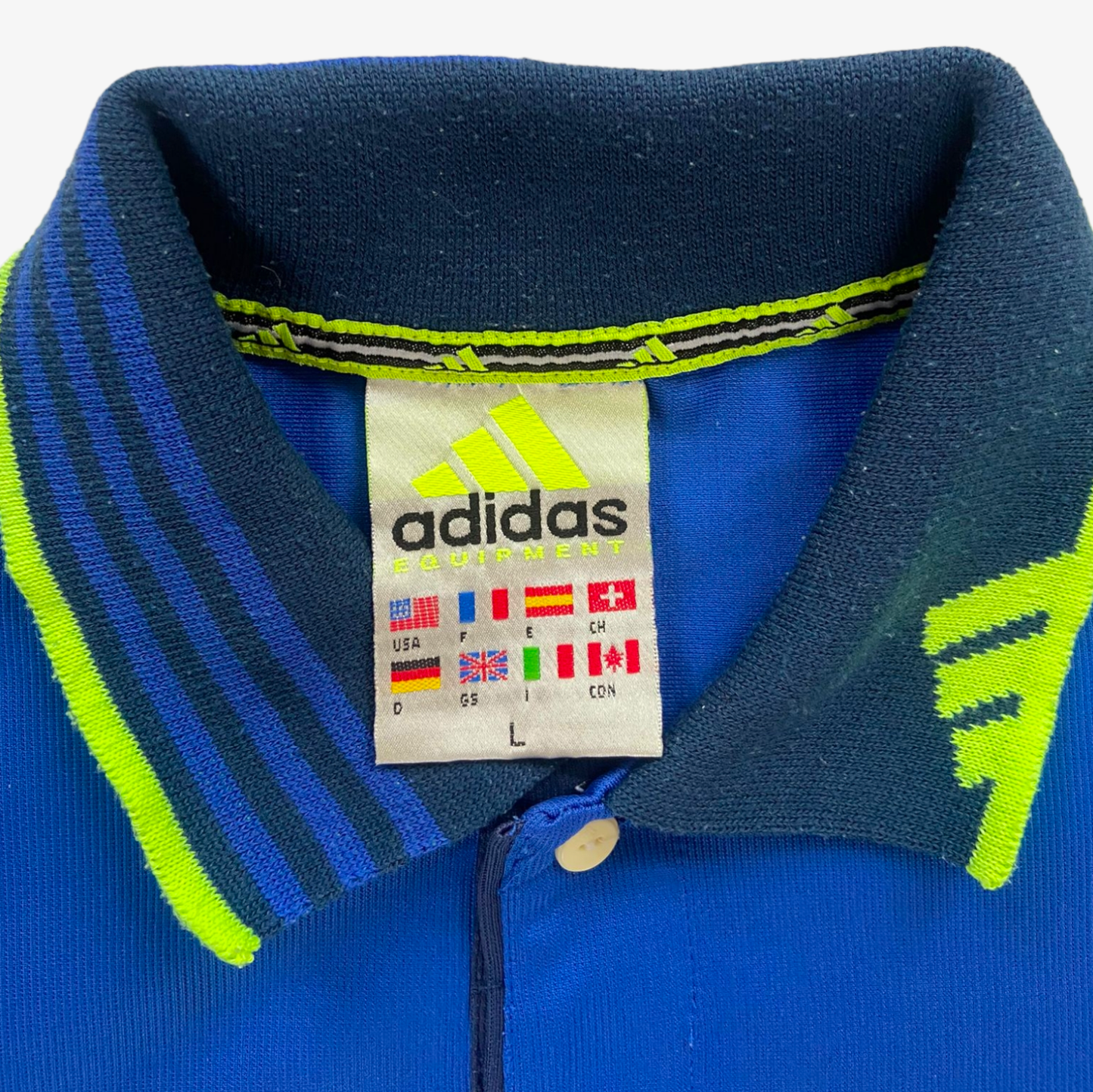 Vintage 90s Adidas Equipment Blue And Green Polo Shirt Label - Casspios Dream