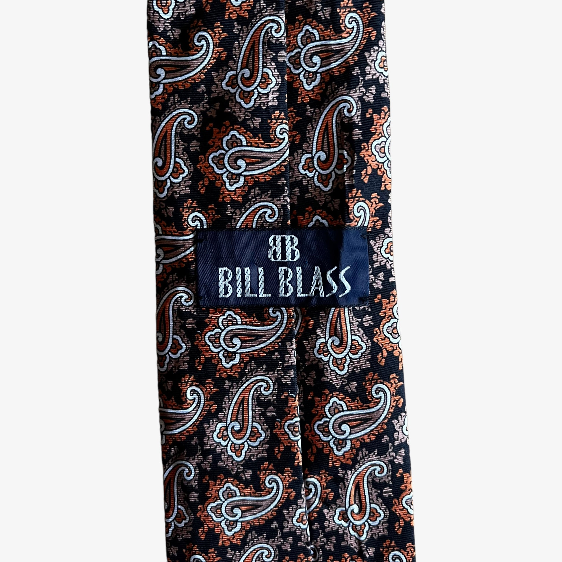 Vintage 90s Bill Blass Orange & Black Paisley Print Silk Tie Label - Casspios Dream