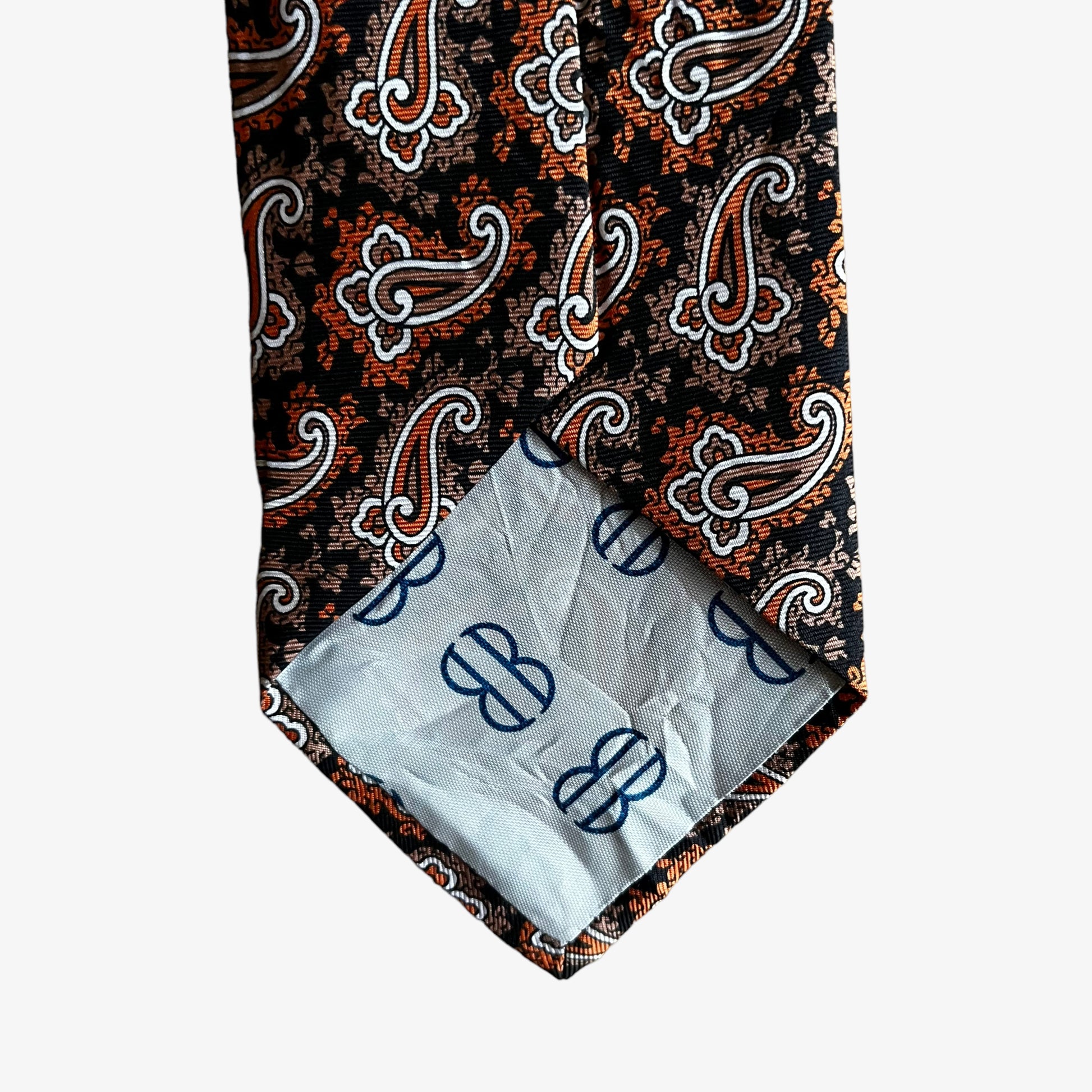 Vintage 90s Bill Blass Orange & Black Paisley Print Silk Tie Logo - Casspios Dream