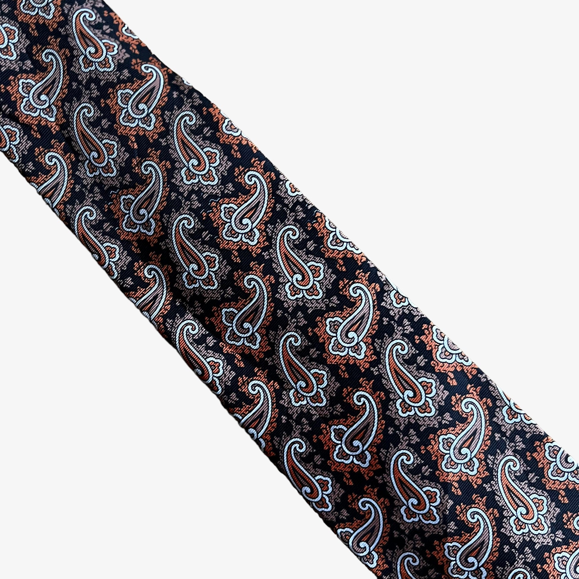 Vintage 90s Bill Blass Orange & Black Paisley Print Silk Tie Pattern - Casspios Dream